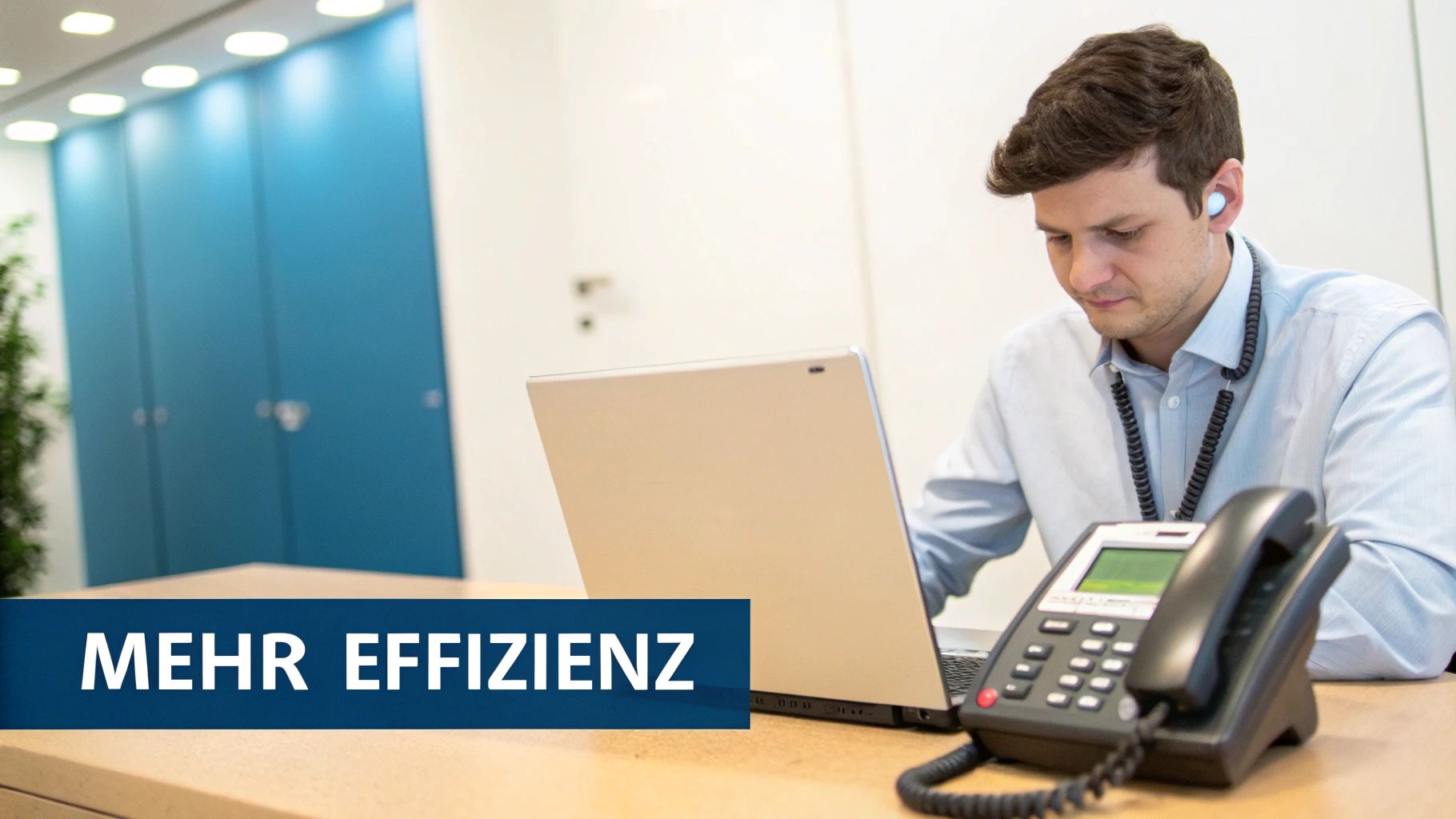 Ein Mann arbeitet konzentriert an einem Laptop an einem Schreibtisch mit Telefon und Earbud für mehr Effizienz.