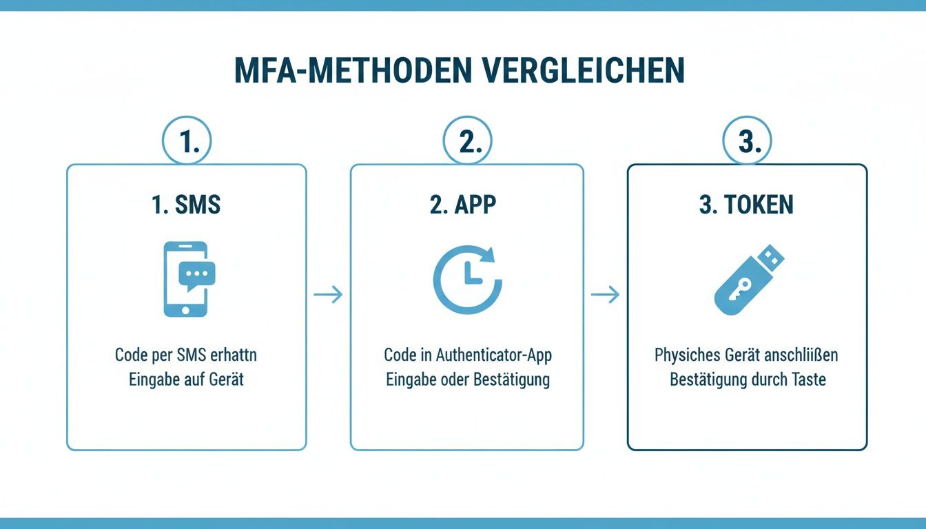 Infografik zum Vergleich von drei Multi-Faktor-Authentifizierungsmethoden: SMS, Authenticator-App und Hardware-Token.