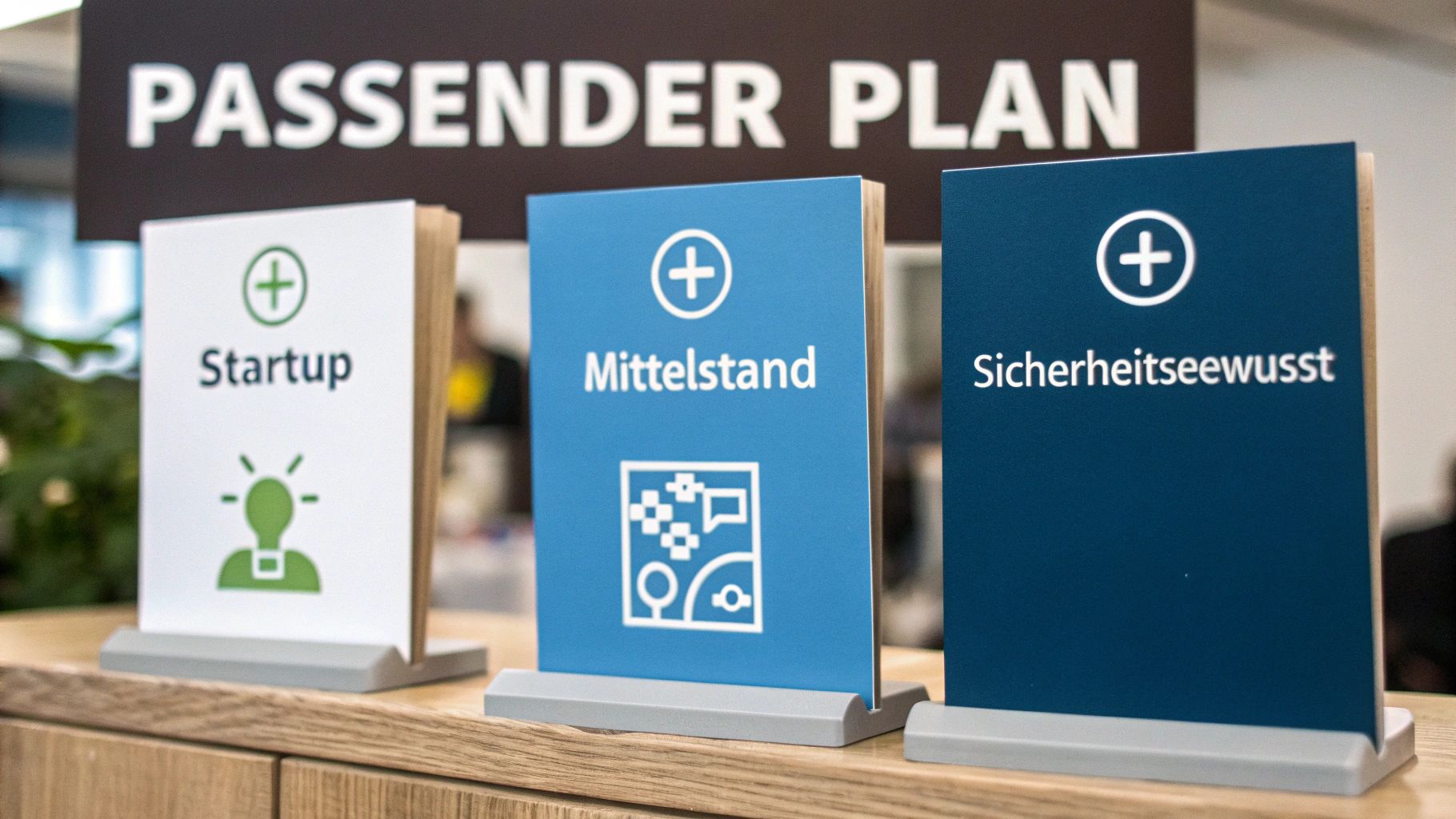 Eine Person, die an einem Schreibtisch sitzt und nachdenklich auf drei verschiedene Optionen auf einem Bildschirm blickt, die die Office 365 Pläne symbolisieren.