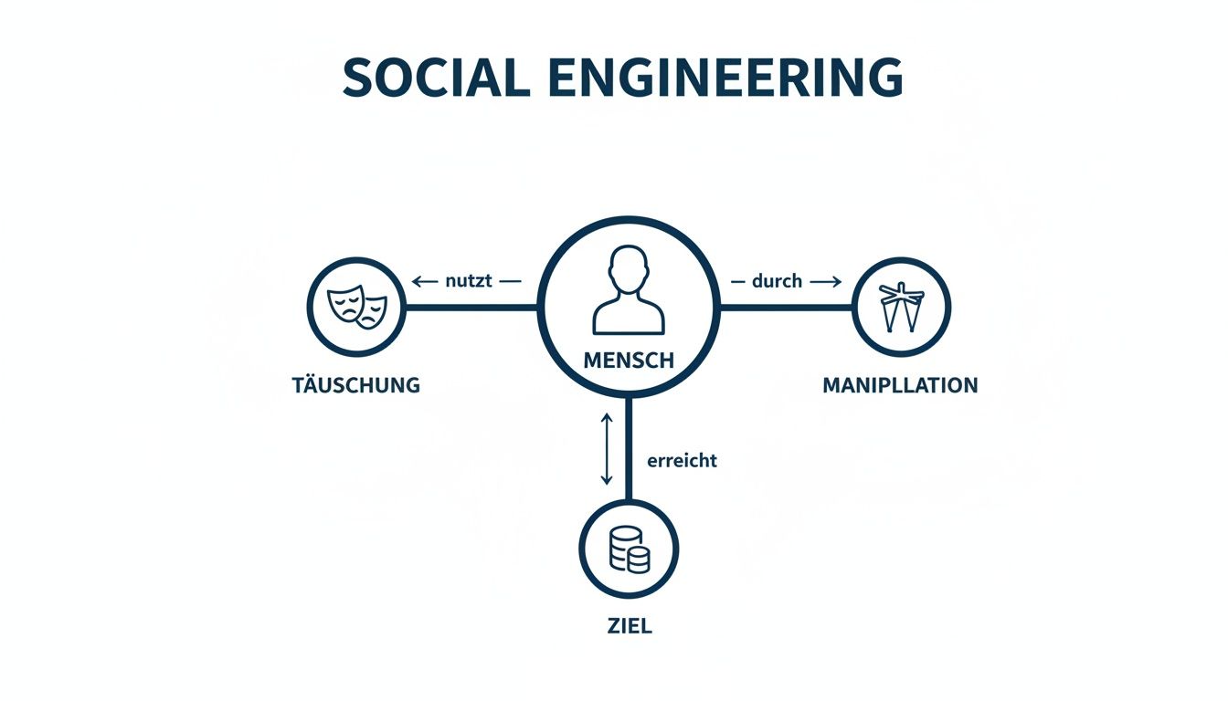 Diagramm, das Social Engineering erklärt: Eine Person nutzt Täuschung und Manipulation, um ein Ziel zu erreichen.