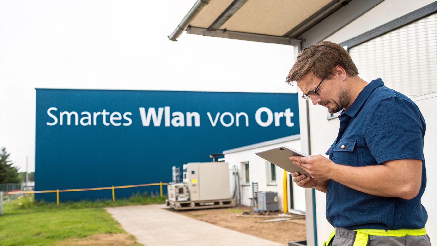 Ein Mann mit Brille und blauem Hemd arbeitet mit einem Tablet vor einem Gebäude mit der Aufschrift "Smartes Wlan von Ort".
