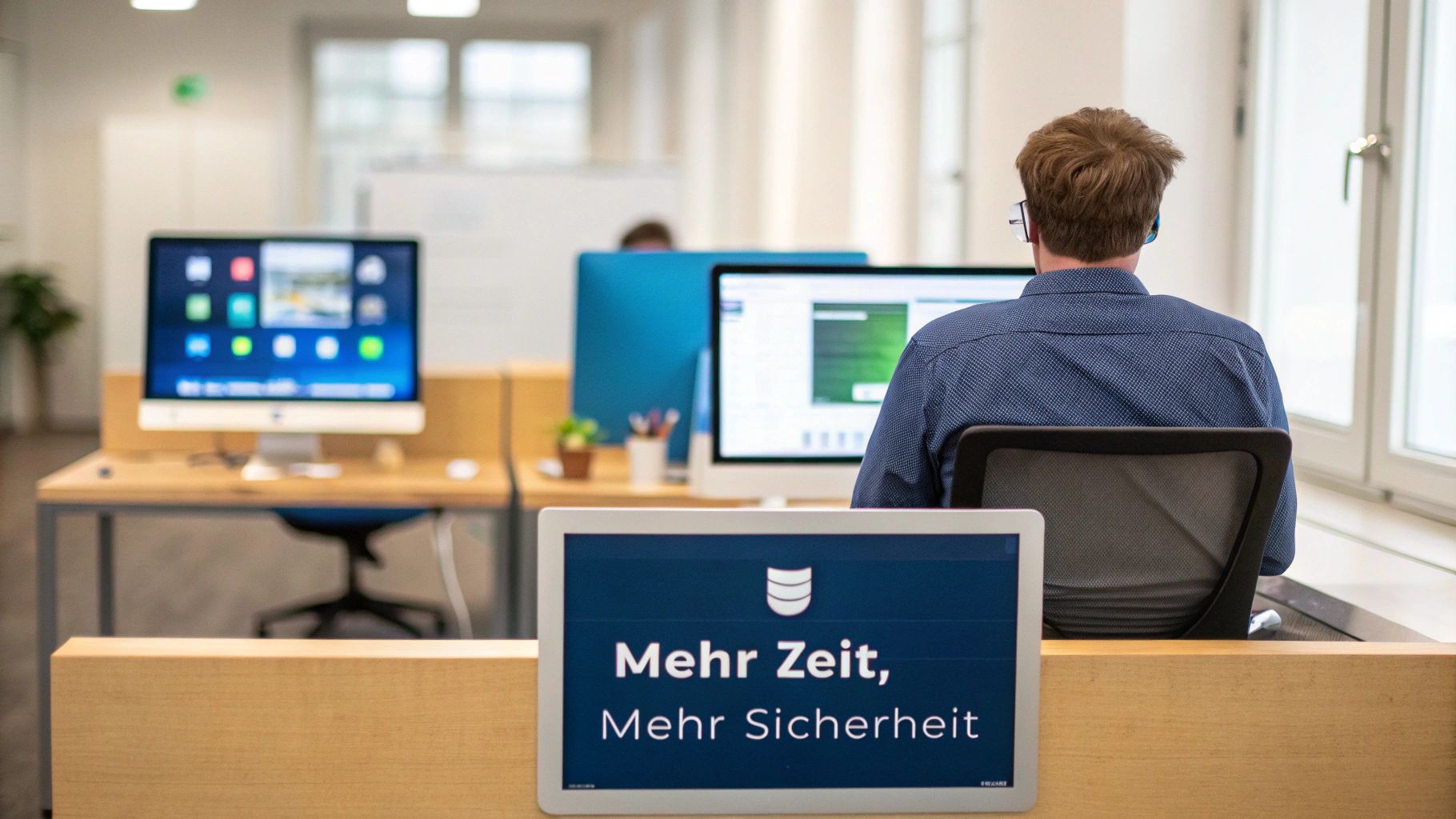 Ein Mitarbeiter sitzt mit Kopfhörern an einem modernen Büroschreibtisch vor einem Computer, umgeben von weiterer Büroausstattung. Ein Schild wirbt mit „Mehr Zeit, Mehr Sicherheit“.