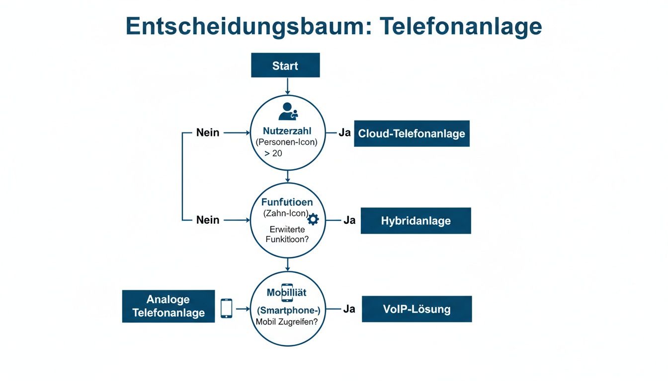 Entscheidungsbaum zur Auswahl einer Telefonanlage basierend auf Nutzerzahl, Funktionen und Mobilität.
