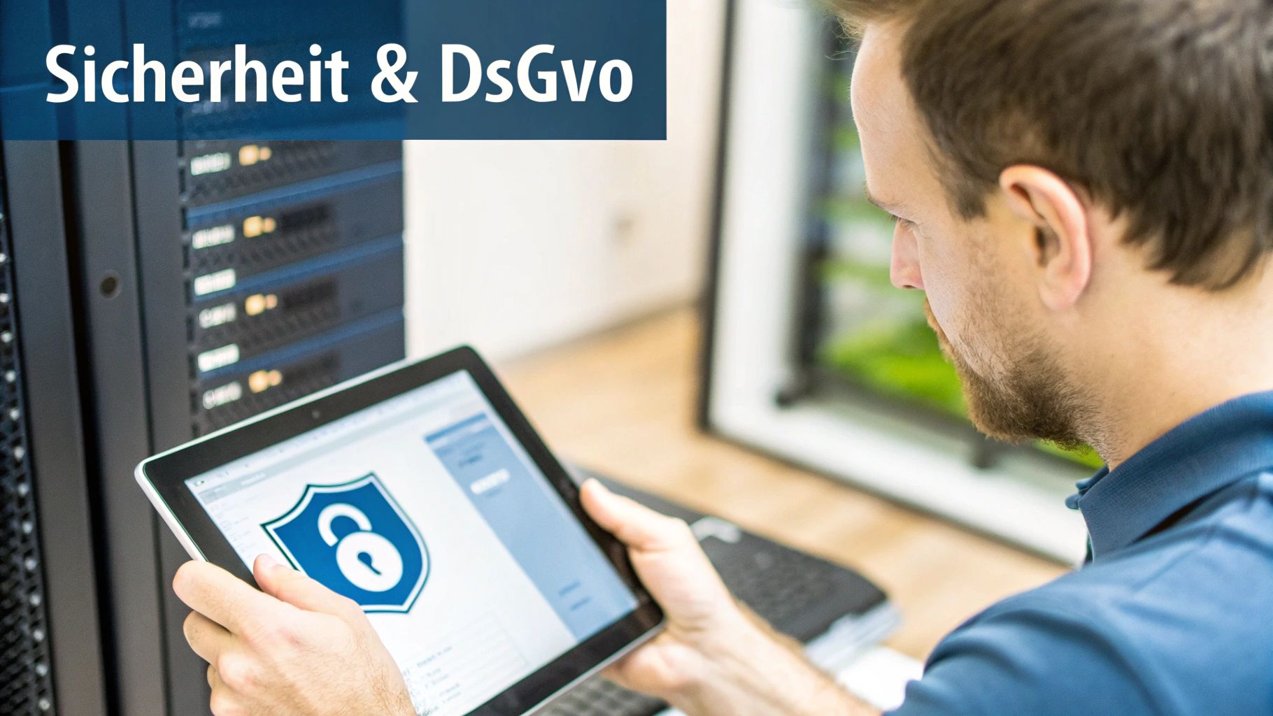 Mann betrachtet Tablet mit Sicherheitsschild-Symbol vor Serverracks, thematisiert Sicherheit und DSGVO.