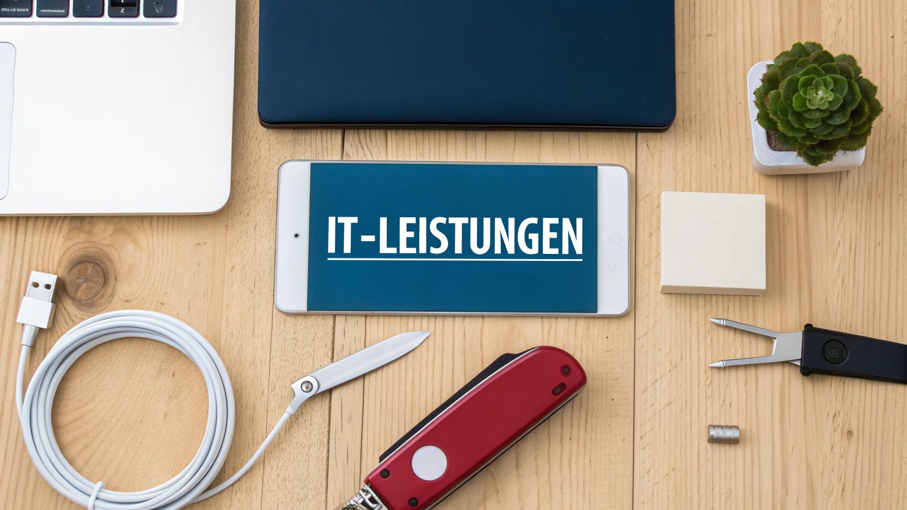 Flatlay eines Holzschreibtisches mit Laptop, Smartphone zeigt 'IT-LEISTUNGEN', USB-Kabel und Werkzeugen.