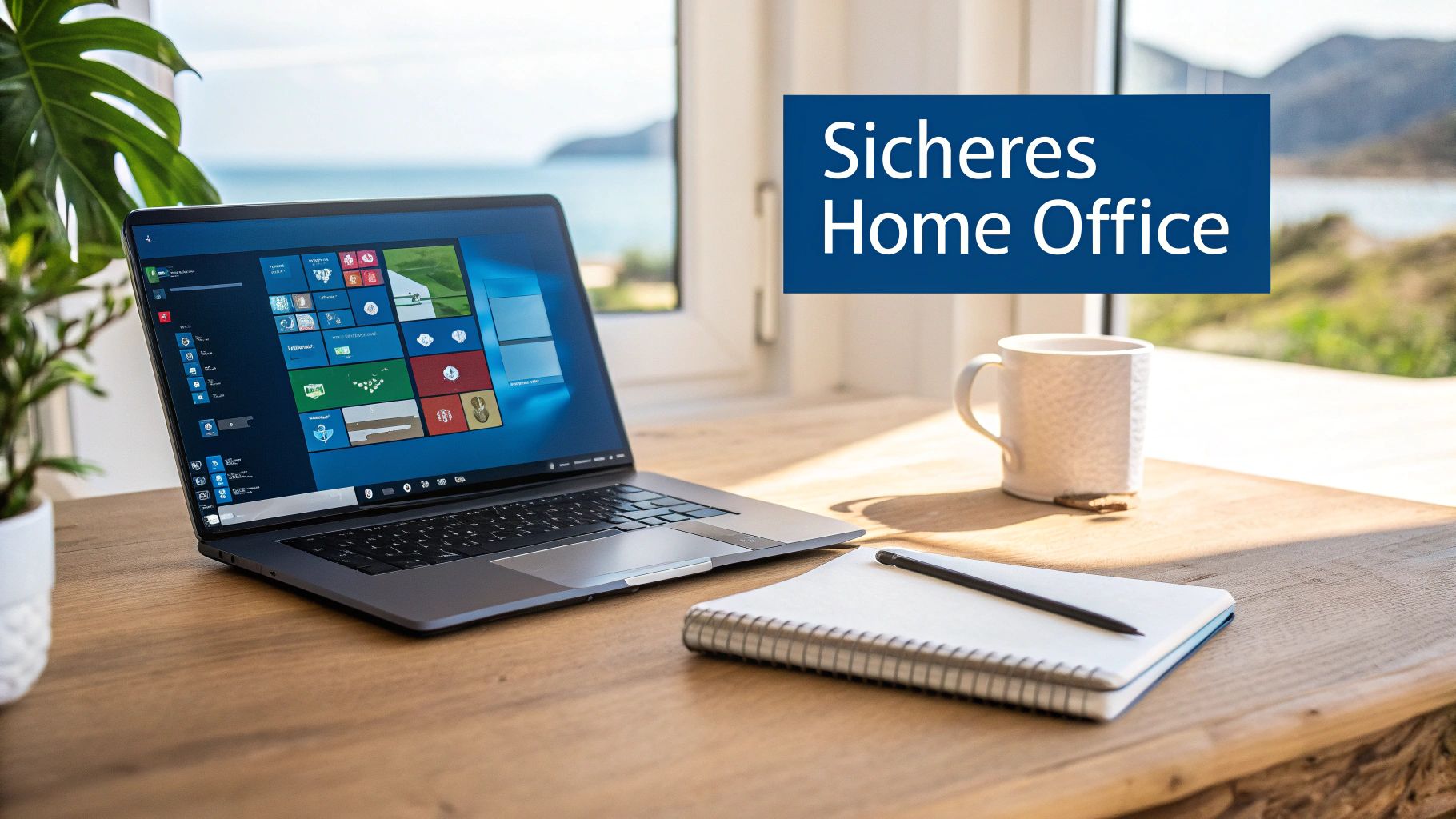 Ein Laptop und Notizbuch auf einem Holztisch mit Meerblick im Hintergrund. Text: Sicheres Home Office.