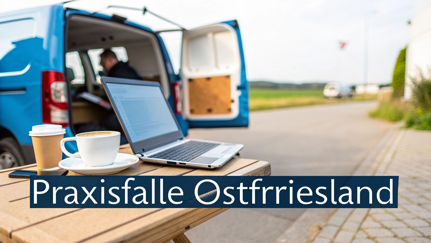 Person arbeitet an Laptop und trinkt Kaffee neben blauem Transporter mit offenem Heck und dem Titel 'Praxisfalle Ostfriesland'.
