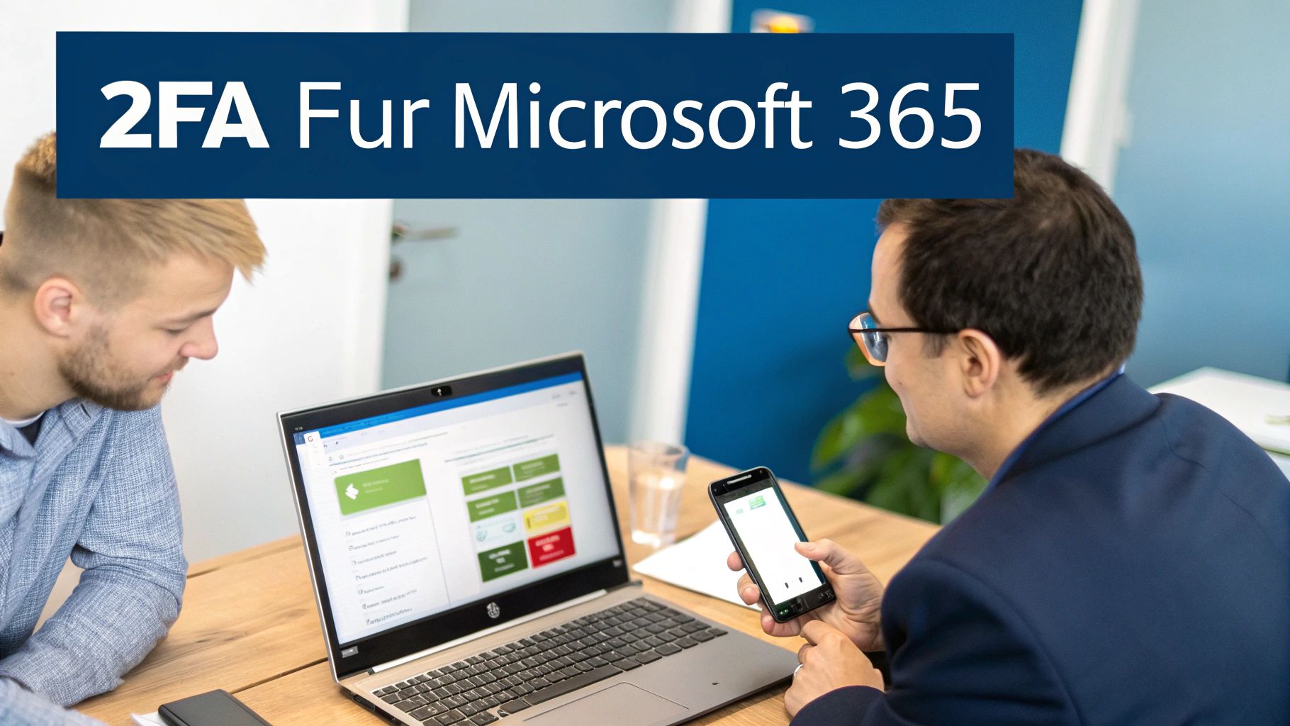 Zwei Männer arbeiten im Büro an einem Laptop und einem Smartphone, um 2FA für Microsoft 365 einzurichten.