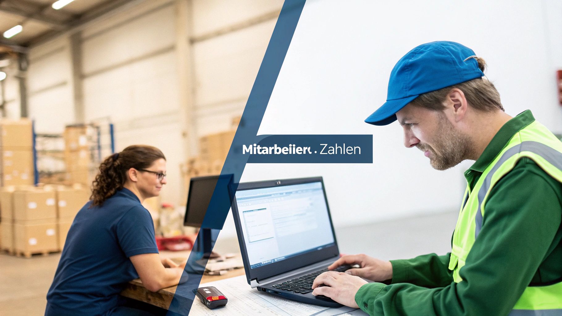 Zwei Mitarbeiter in einem Lager arbeiten an Laptops und Computern, um Daten zu verwalten.