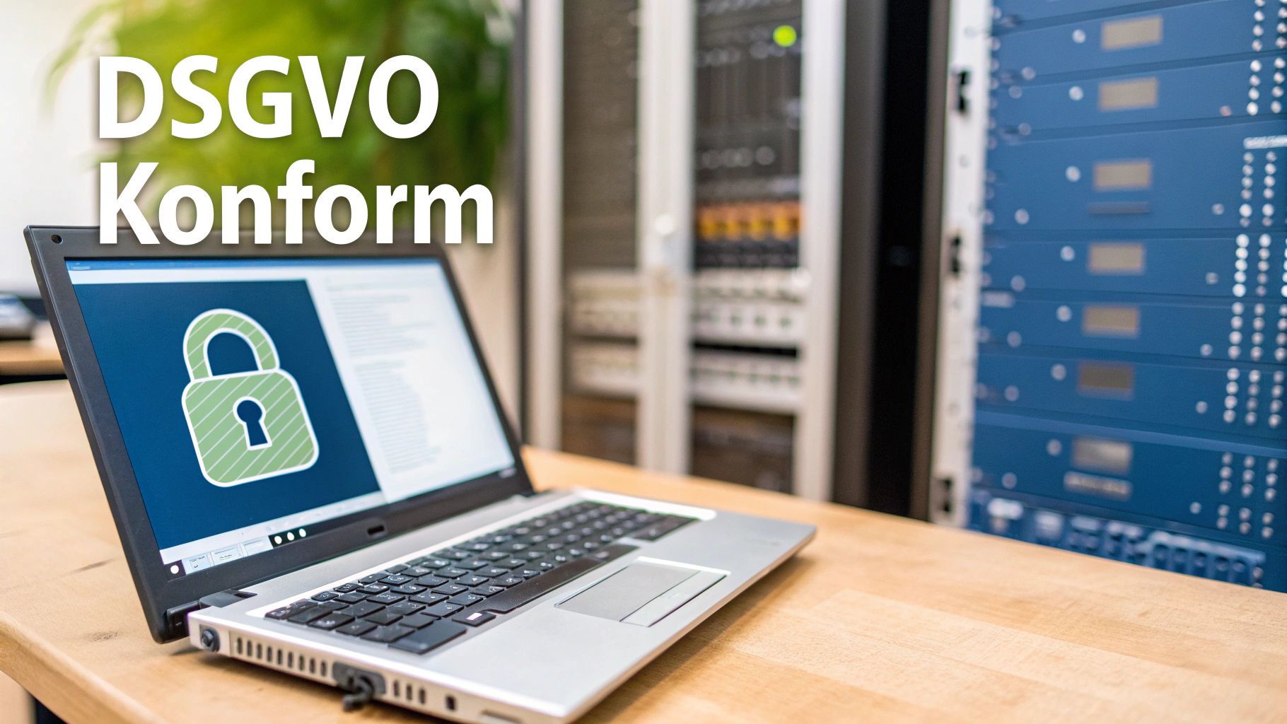 Laptop zeigt Sicherheitsschloss und Text „DSGVO Konform“ vor unscharfen Serverracks im Hintergrund.