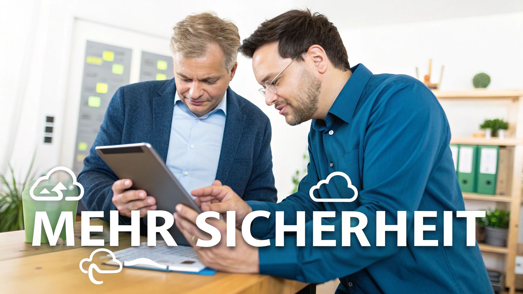 Zwei Männer besprechen wichtige Details auf einem Tablet, symbolisiert durch Cloud-Icons für mehr Sicherheit.