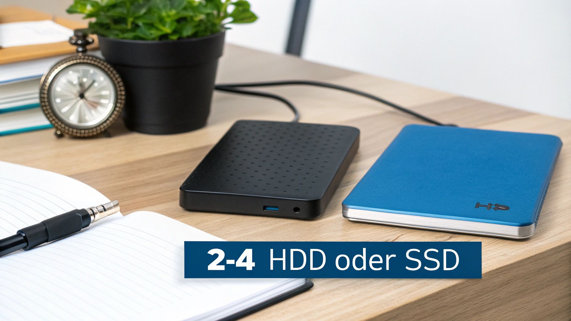 Zwei externe Festplatten (HDD oder SSD) auf einem Holztisch neben einer Uhr und einem Notizbuch.