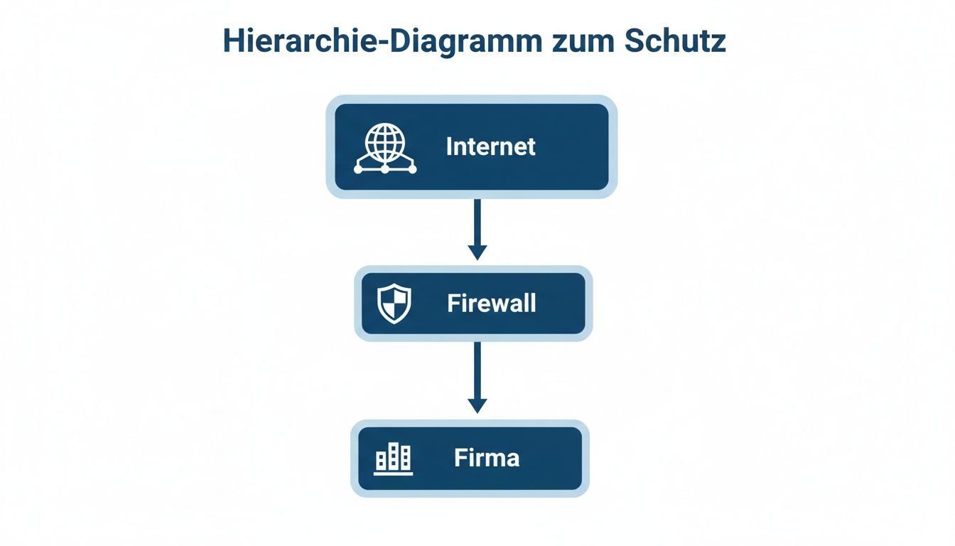 Ein Hierarchie-Diagramm zeigt, wie eine Firewall eine Firma vor dem Internet schützt.
