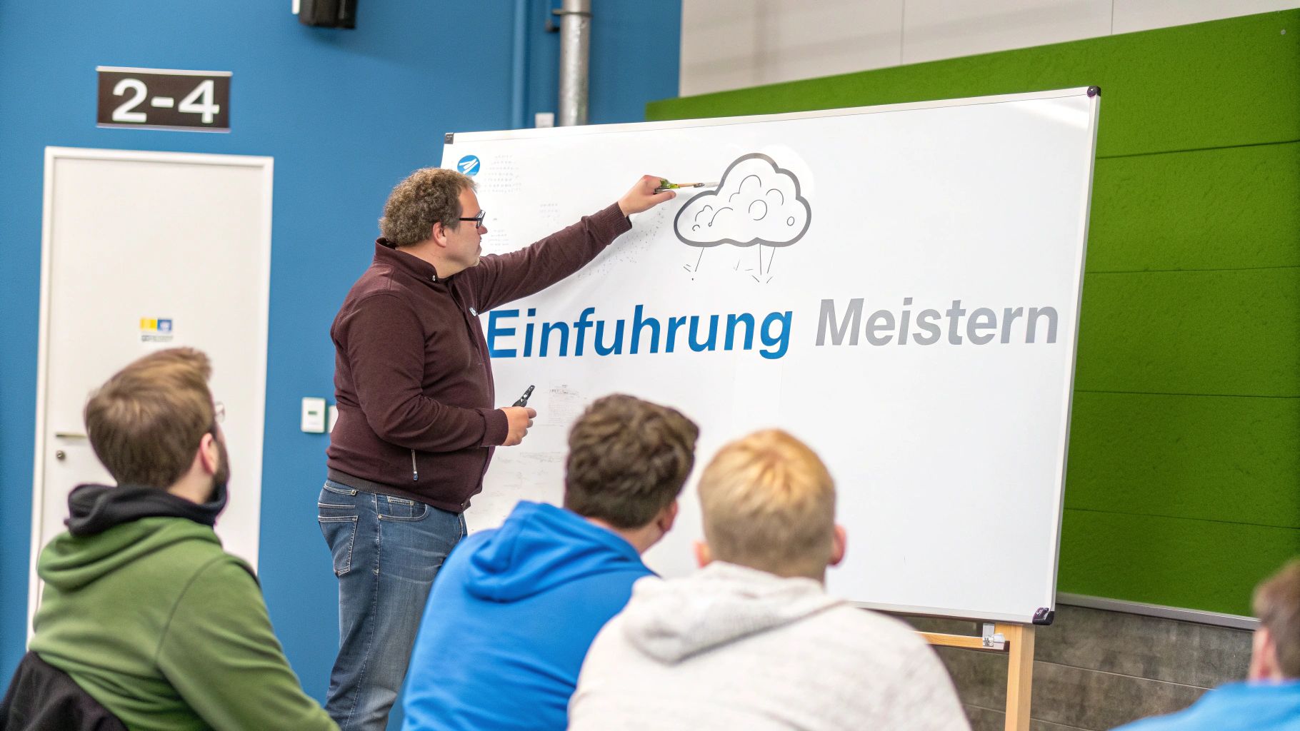 Ein Mann erklärt an einem Whiteboard mit den Worten "Einführung Meistern" und einem Wolken-Symbol vor Zuhörern.