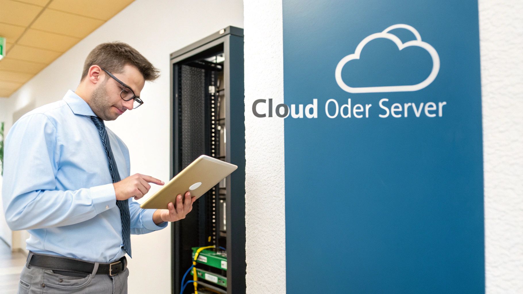 Mann mit Tablet vor Serverschrank und Schild 'Cloud Oder Server', diskutiert IT-Infrastruktur-Entscheidungen.