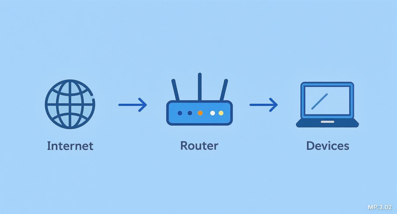 Diagramm, das den Datenfluss vom Internet über einen Router zu verbundenen Geräten zeigt.