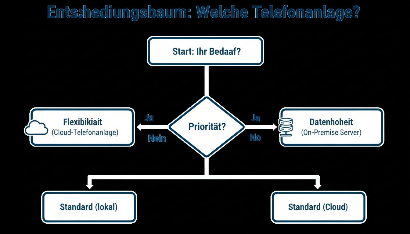 Entscheidungsbaum zur Wahl einer Telefonanlage: Optionen für Flexibilität (Cloud) oder Datenhoheit (On-Premise), resultierend in lokalen oder Cloud-Standardlösungen.