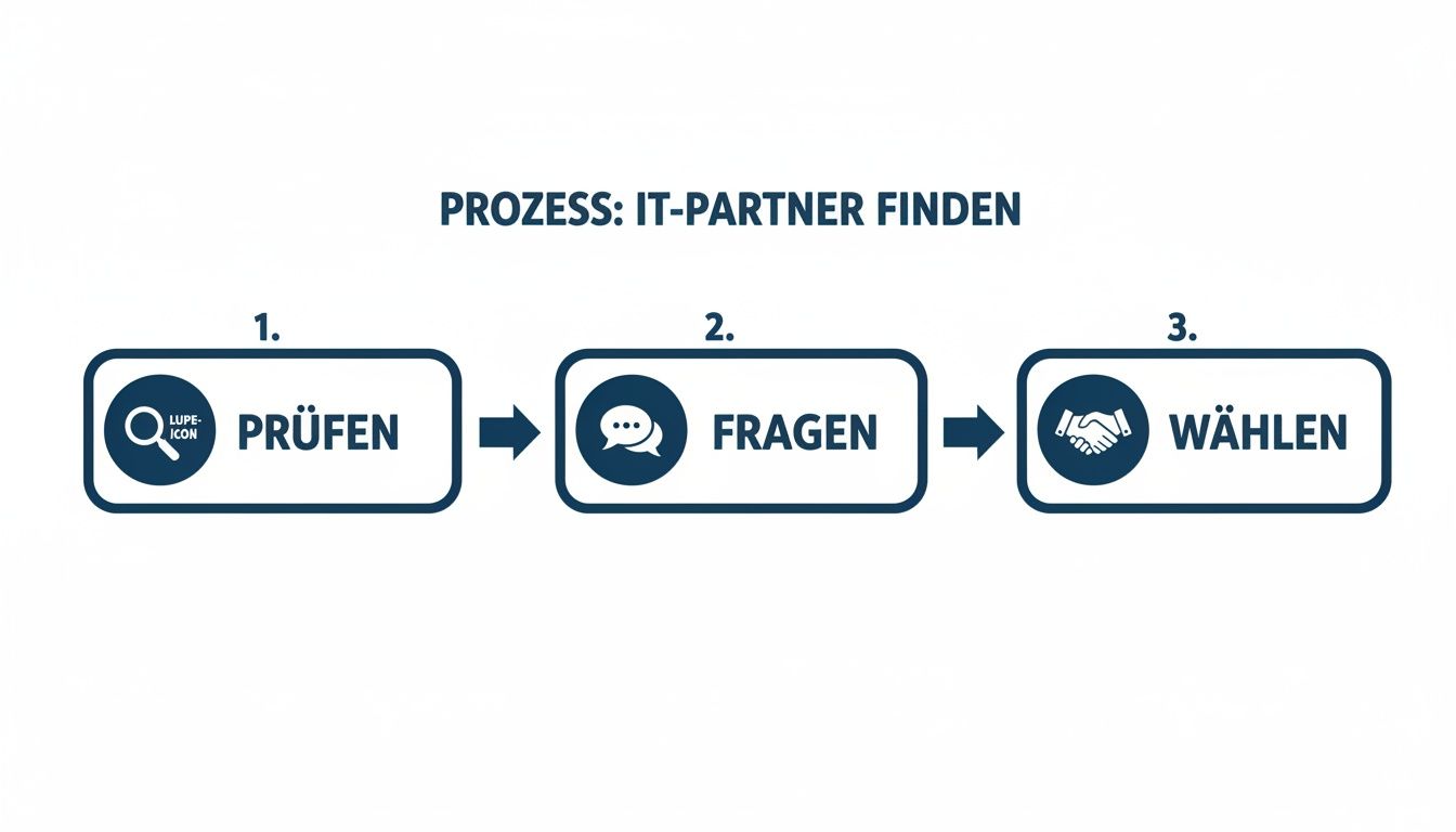Prozessdiagramm zur IT-Partnersuche: Die Schritte Prüfen, Fragen und Wählen werden visualisiert.