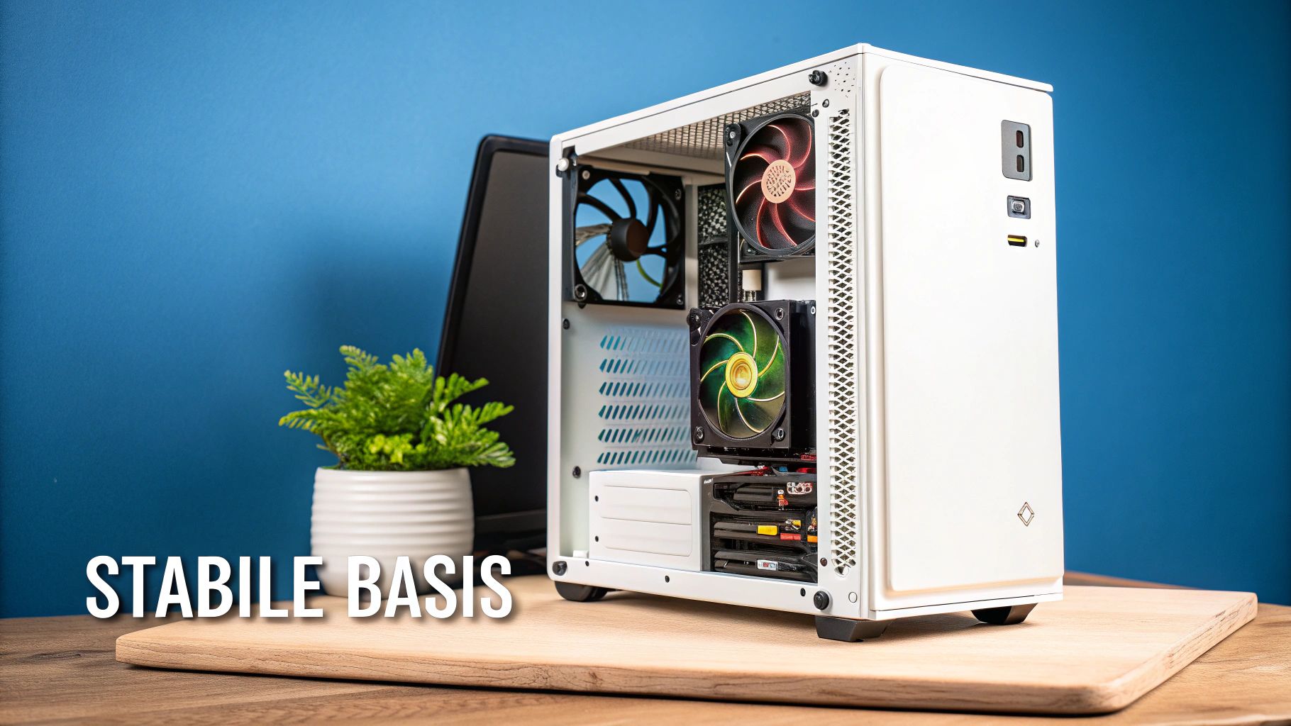 Weißes PC-Gehäuse mit sichtbaren Komponenten wie Lüftern, Grafikkarte und Kühlung auf Holztisch