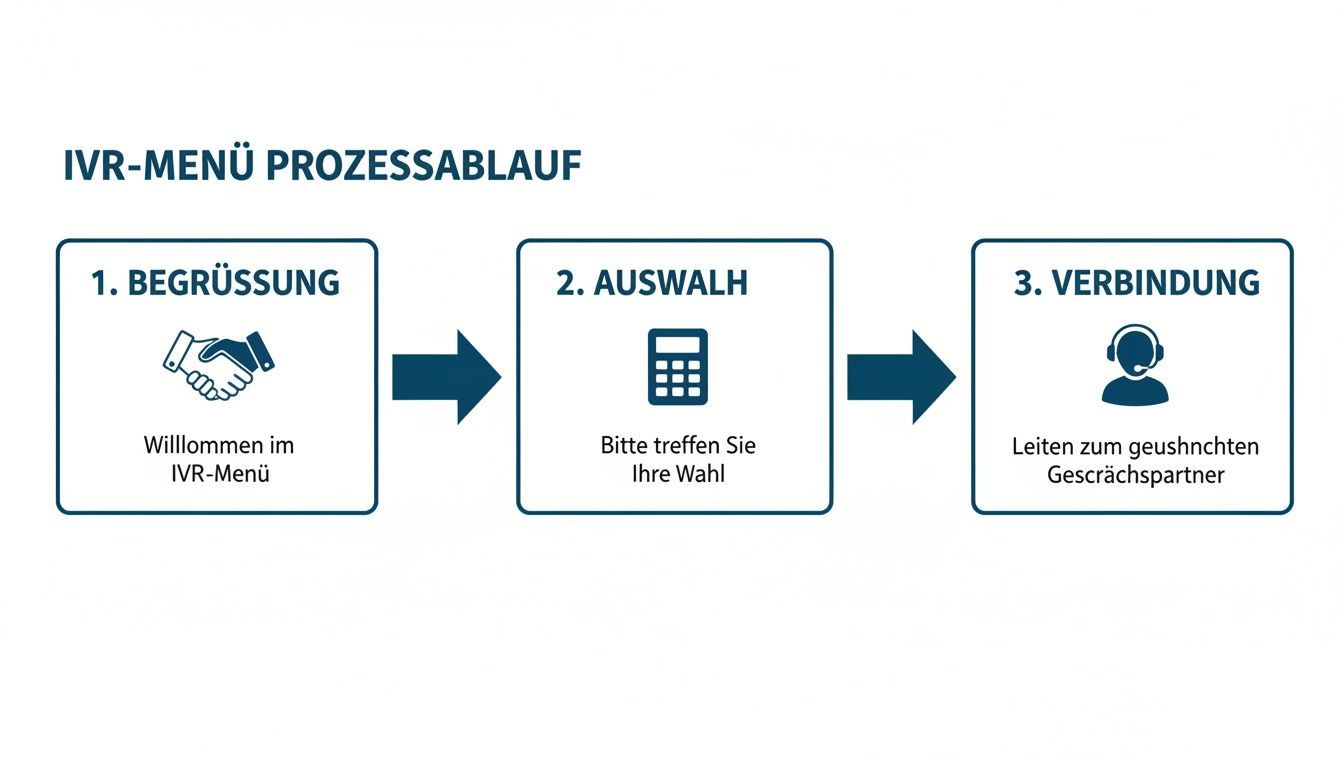 Visualisierung des IVR-Menü Prozessablaufs: Begrüßung, Auswahl und Verbindung zum gewünschten Gesprächspartner.