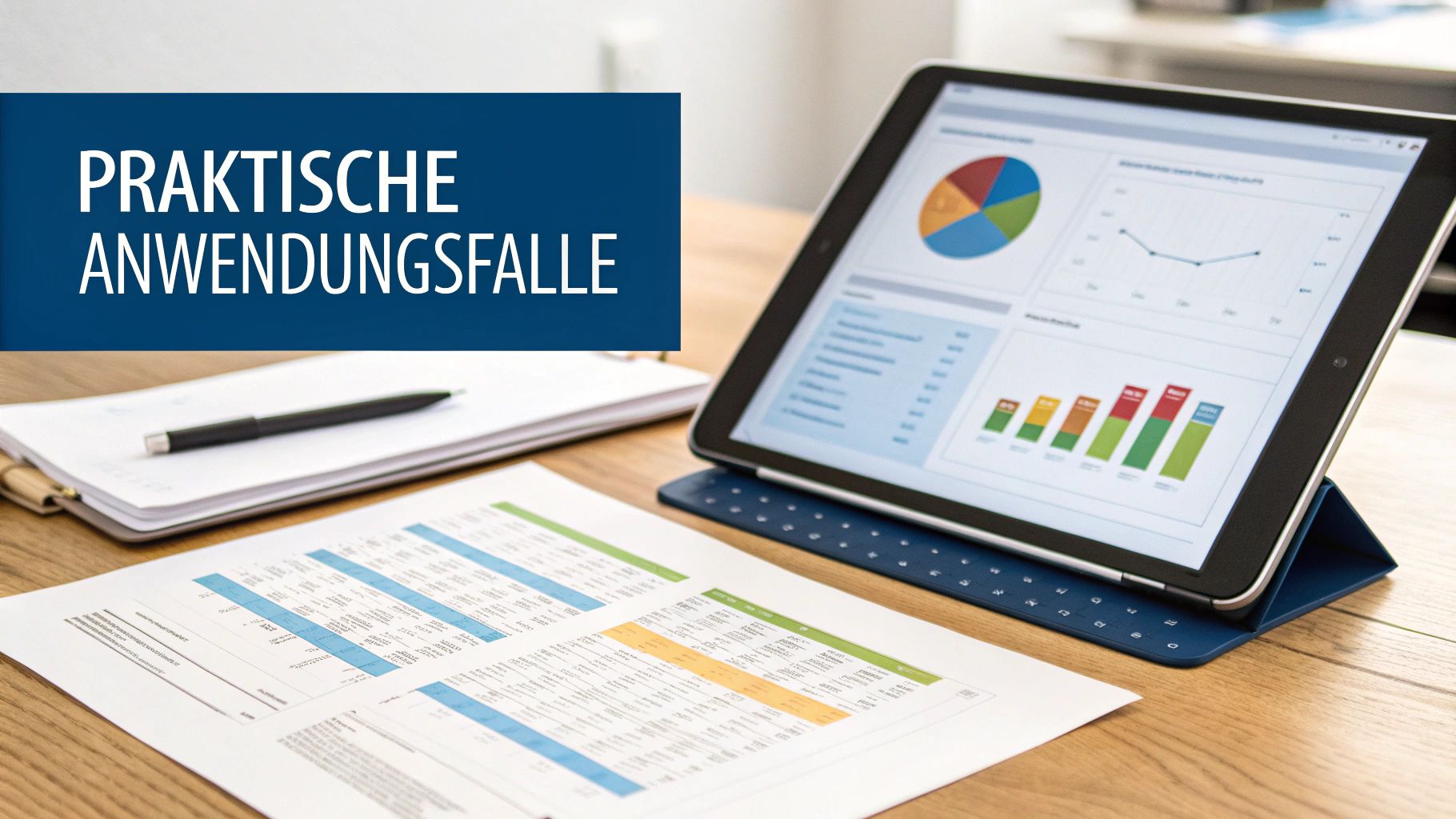 Tablet zeigt Datenvisualisierungen, Diagramme und Tabellen auf einem Schreibtisch mit Dokumenten und Stift, mit einem Banner, das 'PRAKTISCHE ANWENDUNGSFÄLLE' anzeigt.