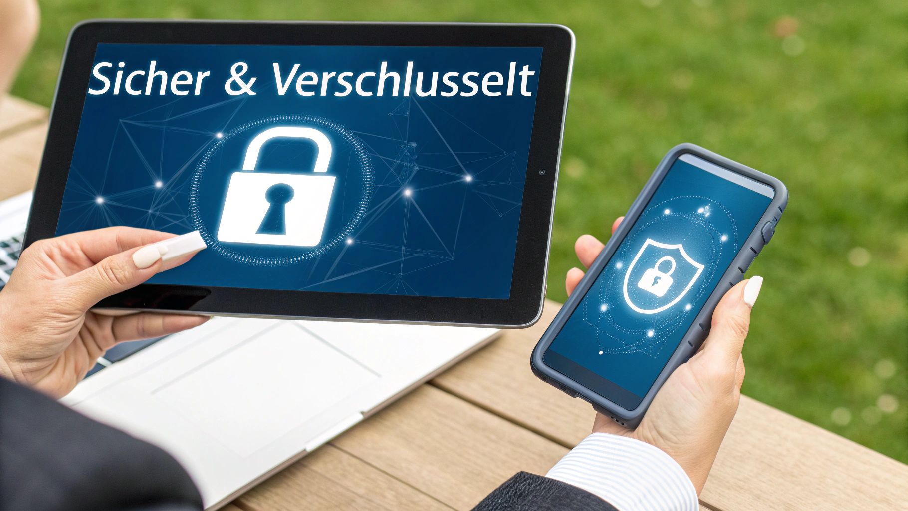 Hände halten Tablet und Smartphone mit Sicherheits- und Verschlüsselungssymbolen. Text: Sicher & Verschlüsselt.