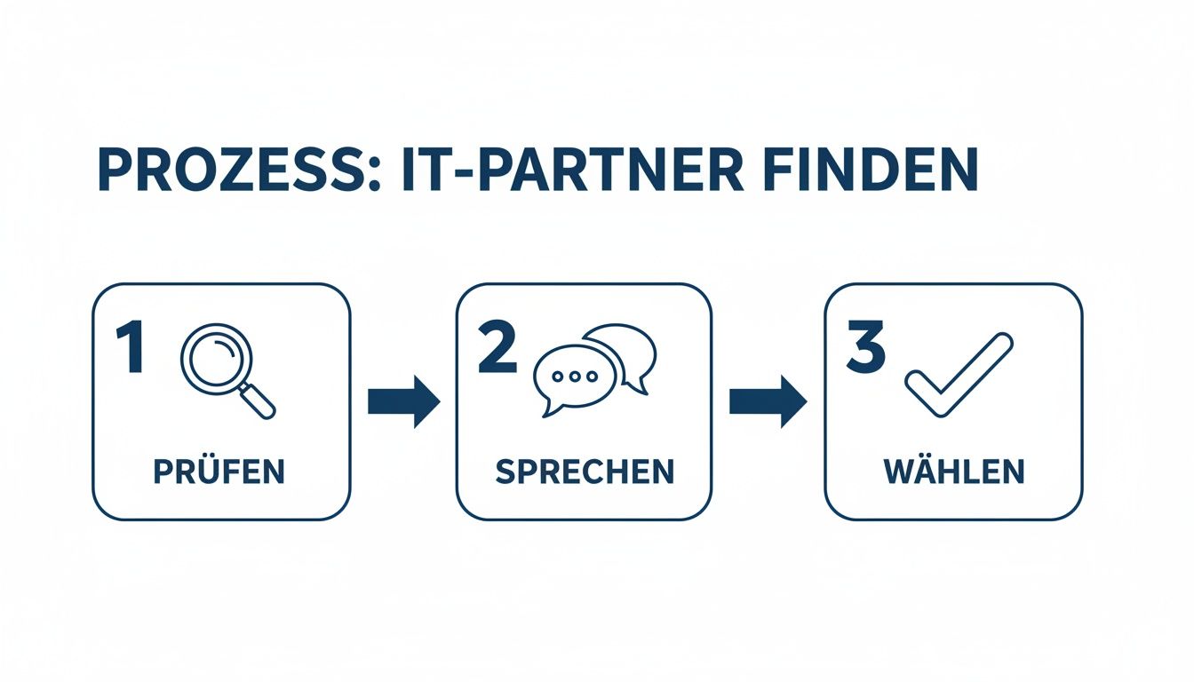 Ein Drei-Schritt-Prozess zur IT-Partnerfindung: Prüfen, Sprechen und Auswählen des geeigneten Anbieters für Unternehmen.