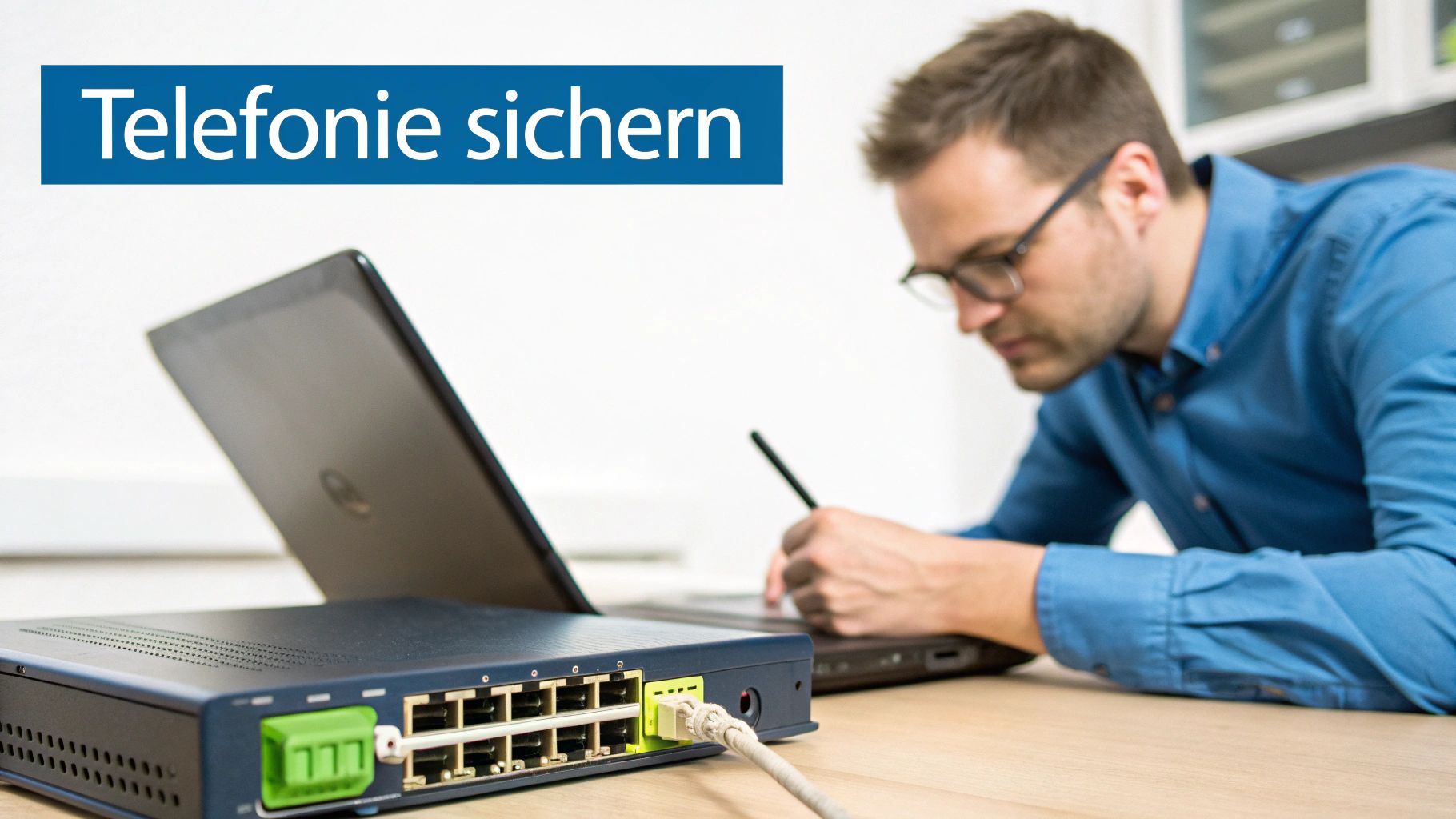 Ein Mann konfiguriert am Laptop eine Telefonanlage, daneben ein Netzwerk-Switch. Text: Telefonie sichern.