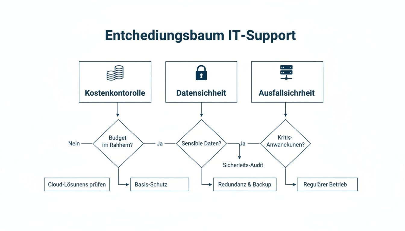 Entscheidungsbaum für IT-Support-Strategien, der Kostenkontrolle, Datensicherheit und Ausfallsicherheit mit Schritten wie Cloud-Lösungen und Sicherheits-Audit darstellt.