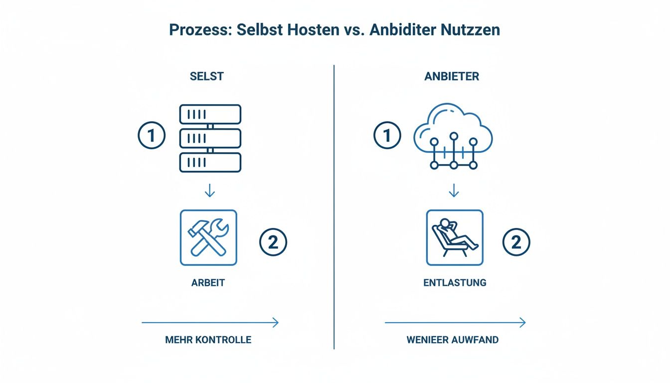 Infografik zum Vergleich von selbst gehosteten Servern und der Nutzung eines Cloud-Anbieters, zeigt Arbeitsaufwand und Kontrolle.