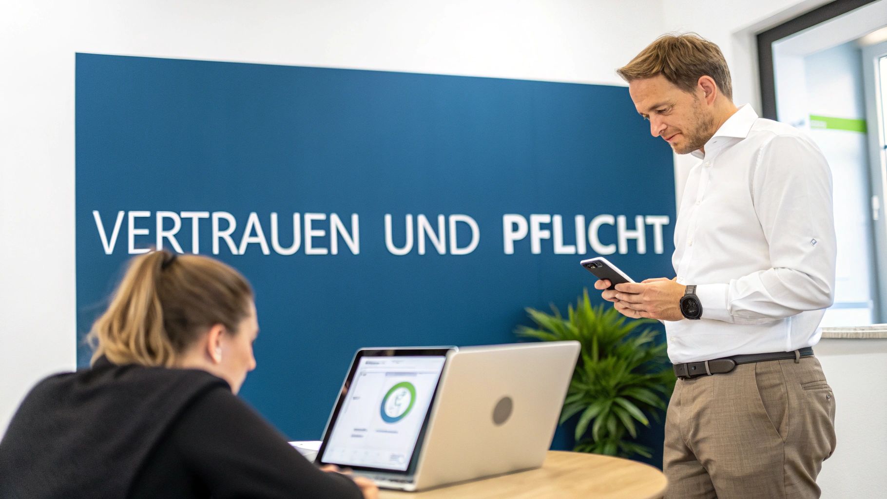 Zwei Personen in einem Büro: Ein Mann am Smartphone, eine Frau am Laptop, mit der Aufschrift "VERTRAUEN UND PFLICHT" an der Wand.