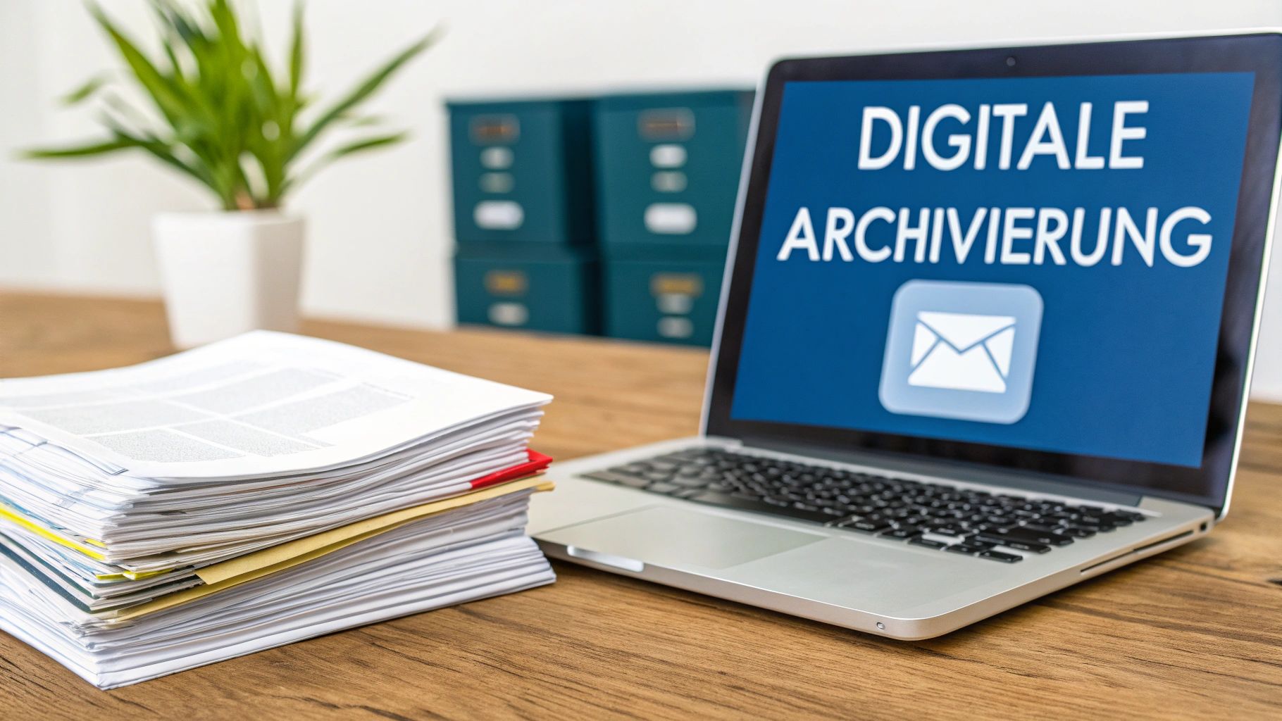 Laptop mit der Aufschrift 'DIGITALE ARCHIVIERUNG' und Stapel von Papierdokumenten auf einem Schreibtisch.