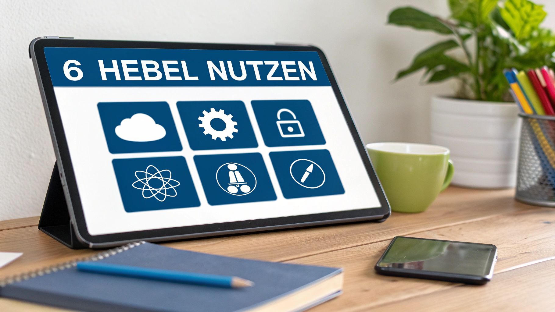 Ein Tablet auf einem Schreibtisch zeigt die Überschrift '6 HEBEL NUTZEN' und sechs Symbole für Strategie und Optimierung.