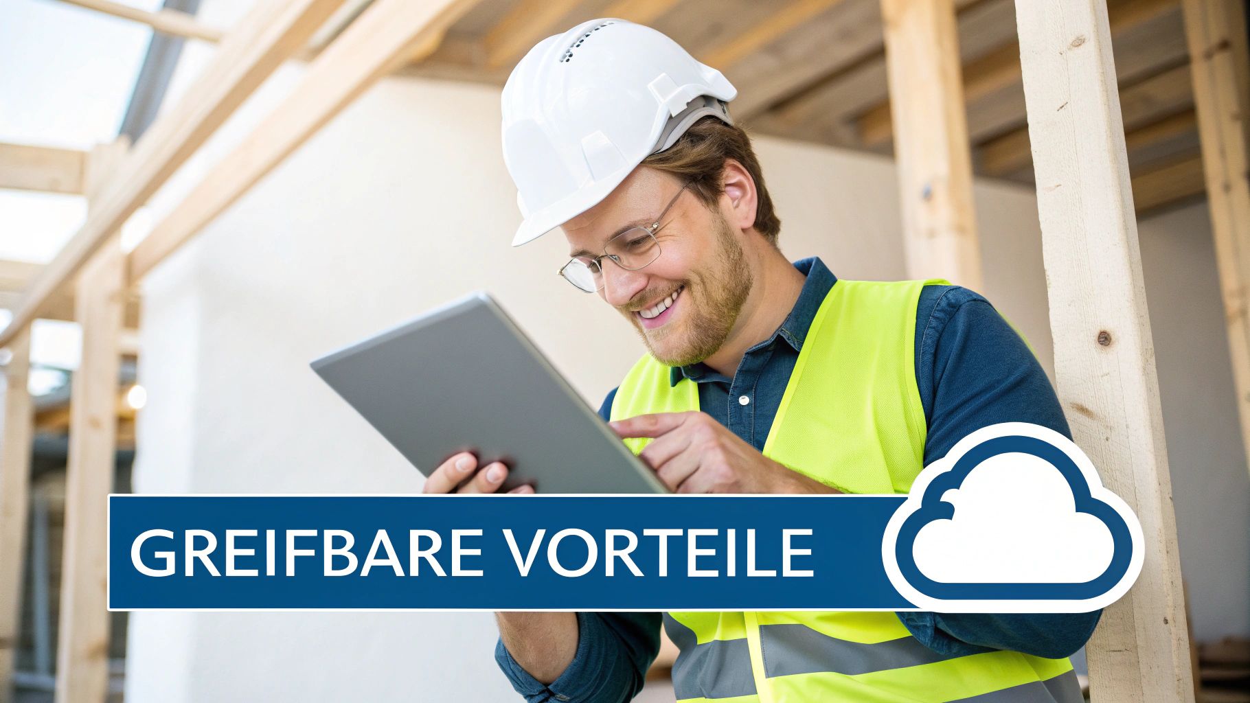 Ein lächelnder Bauarbeiter in Schutzweste und Helm bedient ein Tablet auf einer Baustelle mit Cloud-Symbol.
