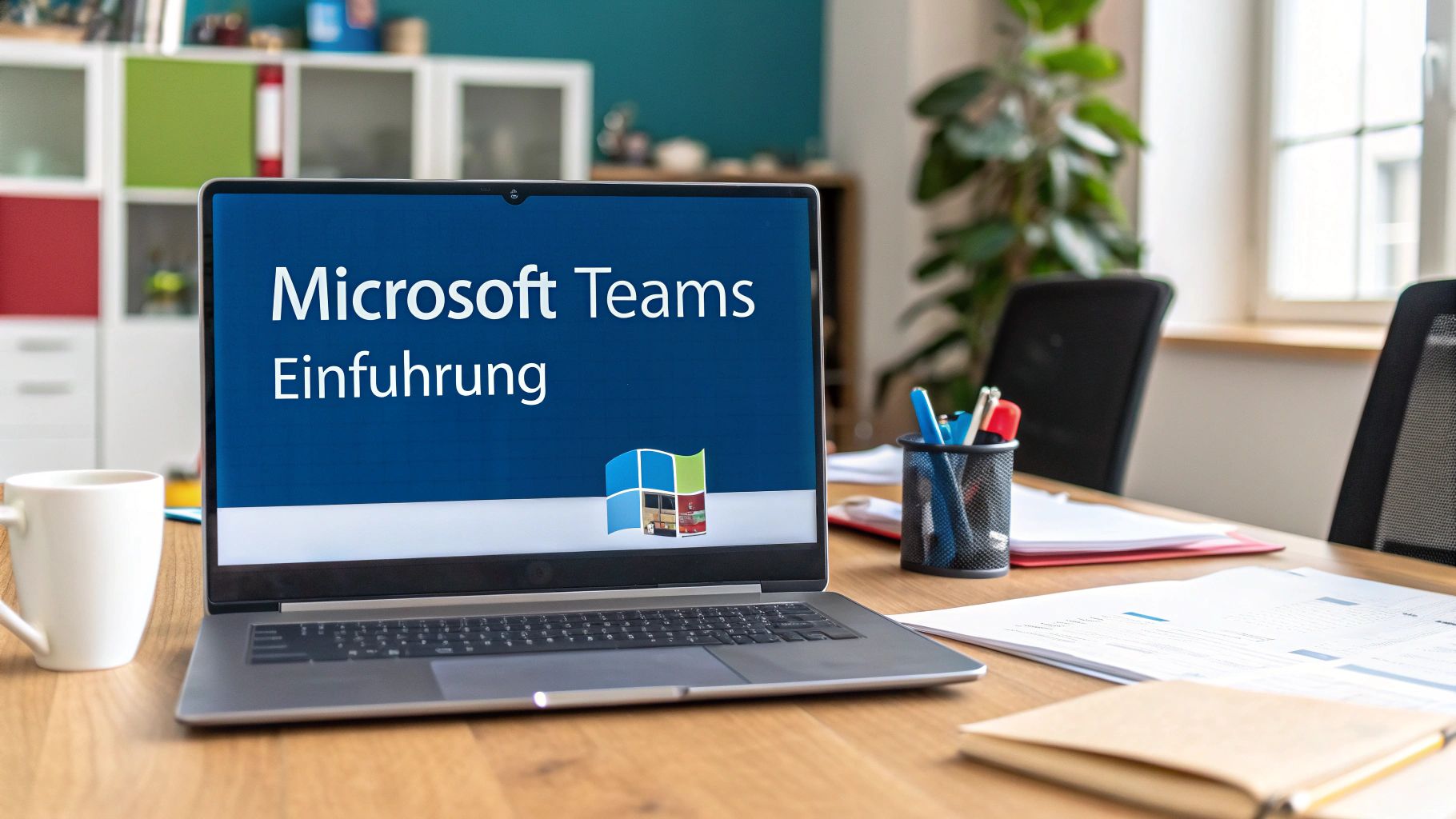 Eine Person nimmt an einem Online-Meeting teil, während sie an einem Laptop arbeitet, was die Effizienz und Zusammenarbeit durch eine Microsoft Teams Schulung symbolisiert.