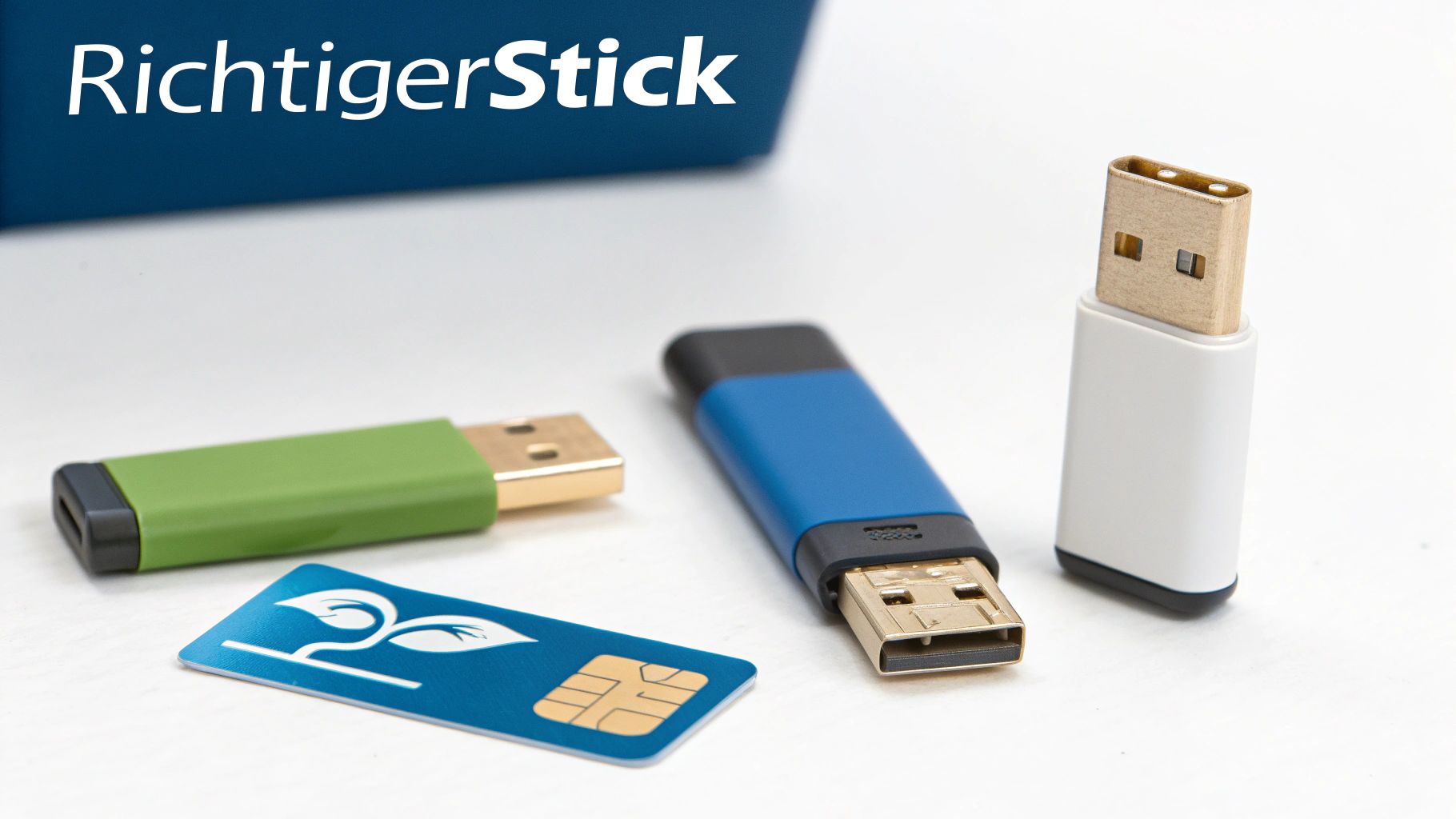 Ein moderner USB-Stick liegt auf einem Tisch neben einem Laptop