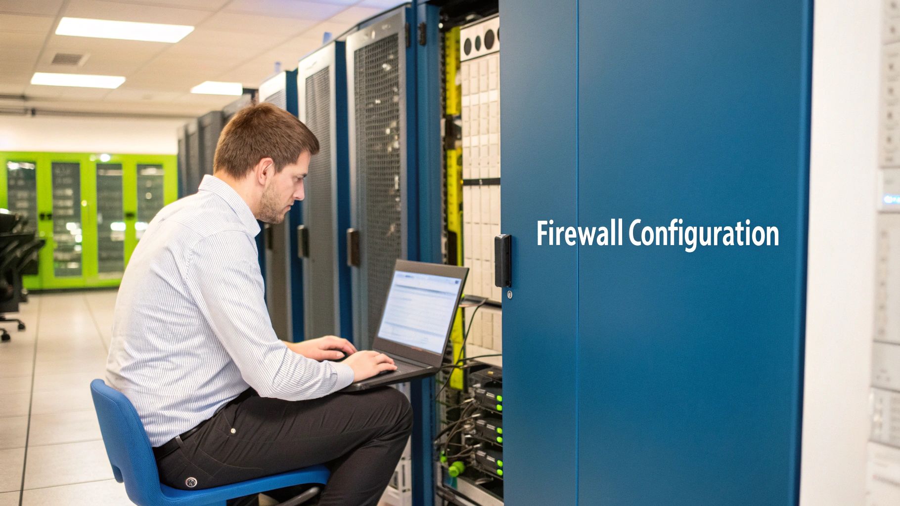 Ein Bild, das eine Person zeigt, die eine Firewall-Konfiguration auf einem Bildschirm überprüft.
