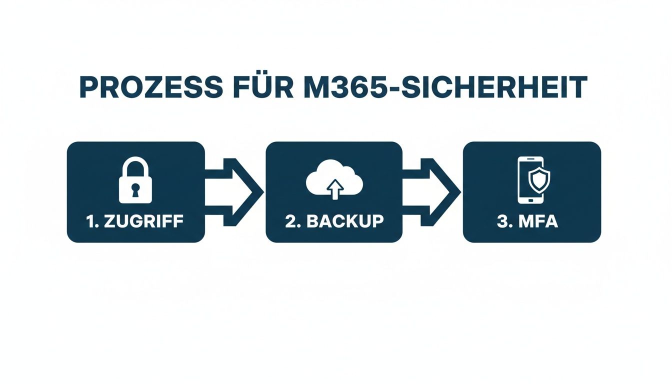 Infografik zum M365-Sicherheitsprozess, der Zugriff, Backup und Multi-Faktor-Authentifizierung (MFA) umfasst.