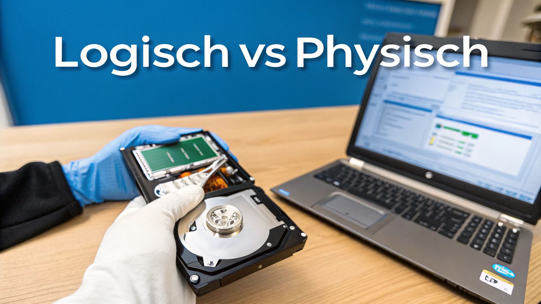 Eine Person mit Handschuhen hält eine geöffnete Festplatte neben einem Laptop, der Datenrettungssoftware anzeigt, symbolisierend logische vs. physische Daten.