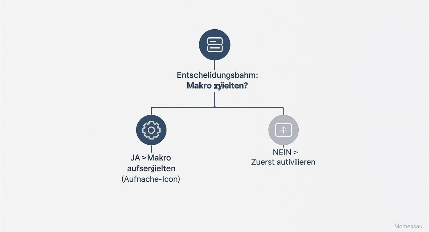 Übersichtliches Flussdiagramm zur Entscheidungsfindung, ob ein Makro gezielt werden soll, und den nächsten Schritten.