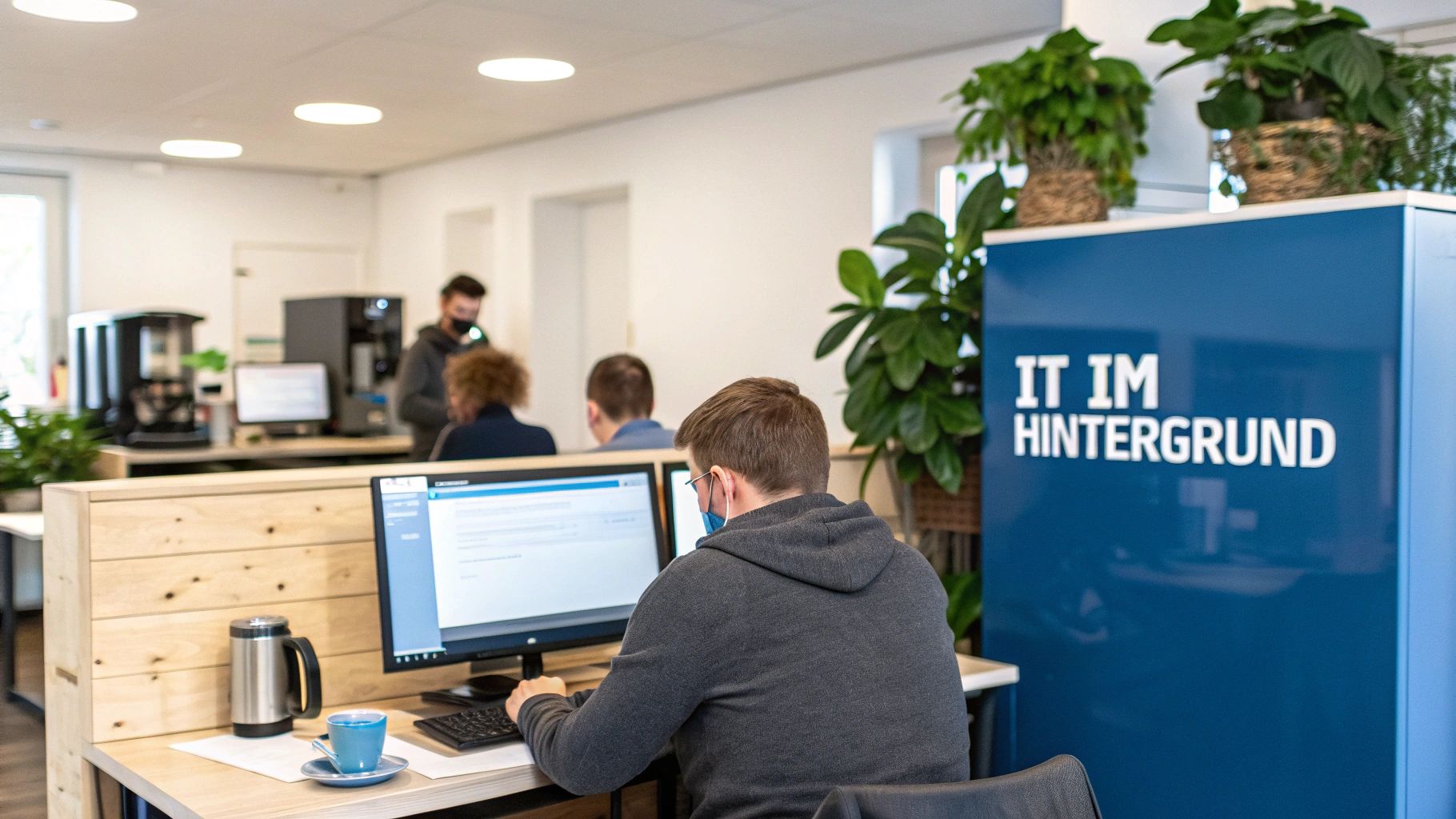 Mitarbeiter arbeiten an Computern in einem modernen Büro mit der Aufschrift 'IT IM HINTERGRUND' auf einer blauen Wand.