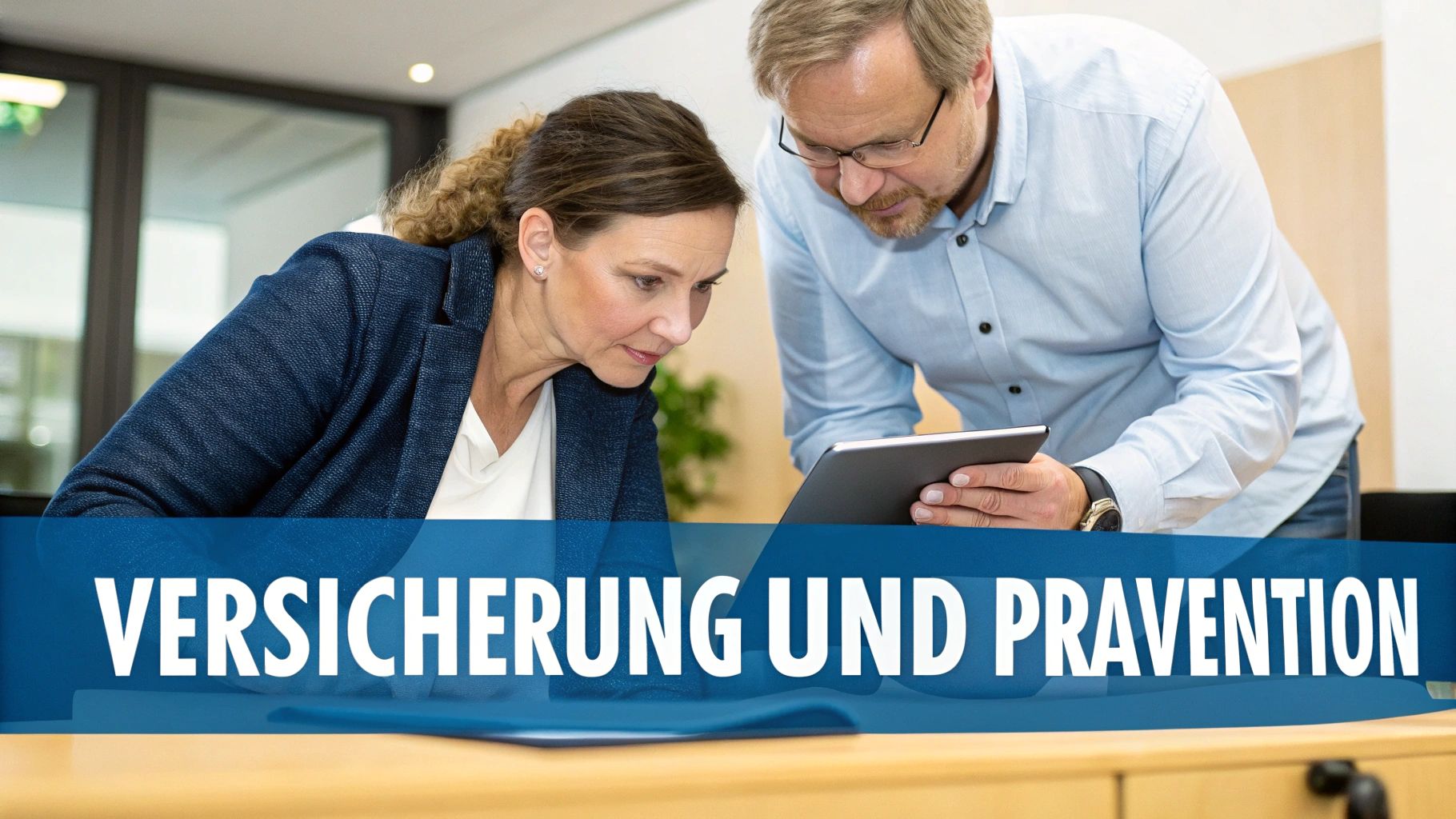 Zwei Personen betrachten gemeinsam ein Tablet und besprechen Versicherungs- und Präventionsstrategien in einem Büro.