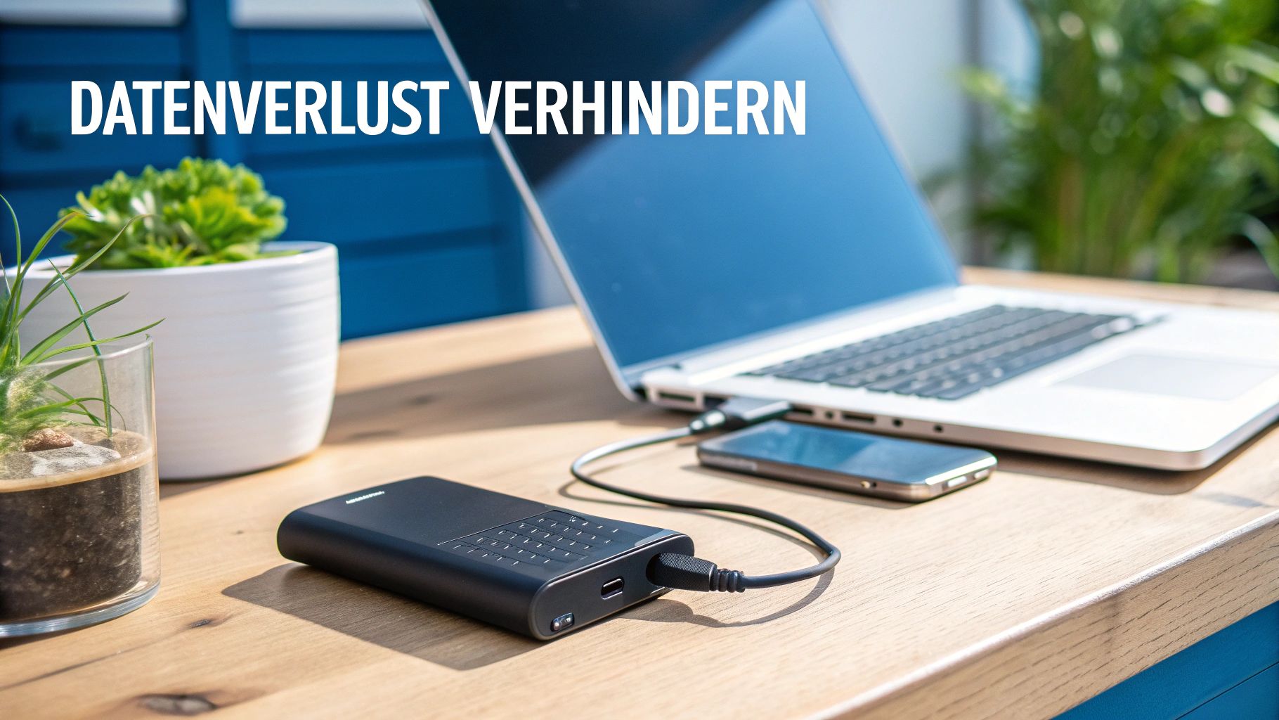 Laptop, externe Festplatte und Smartphone auf Holztisch, verbunden für Datensicherung. Grünpflanzen im Hintergrund.