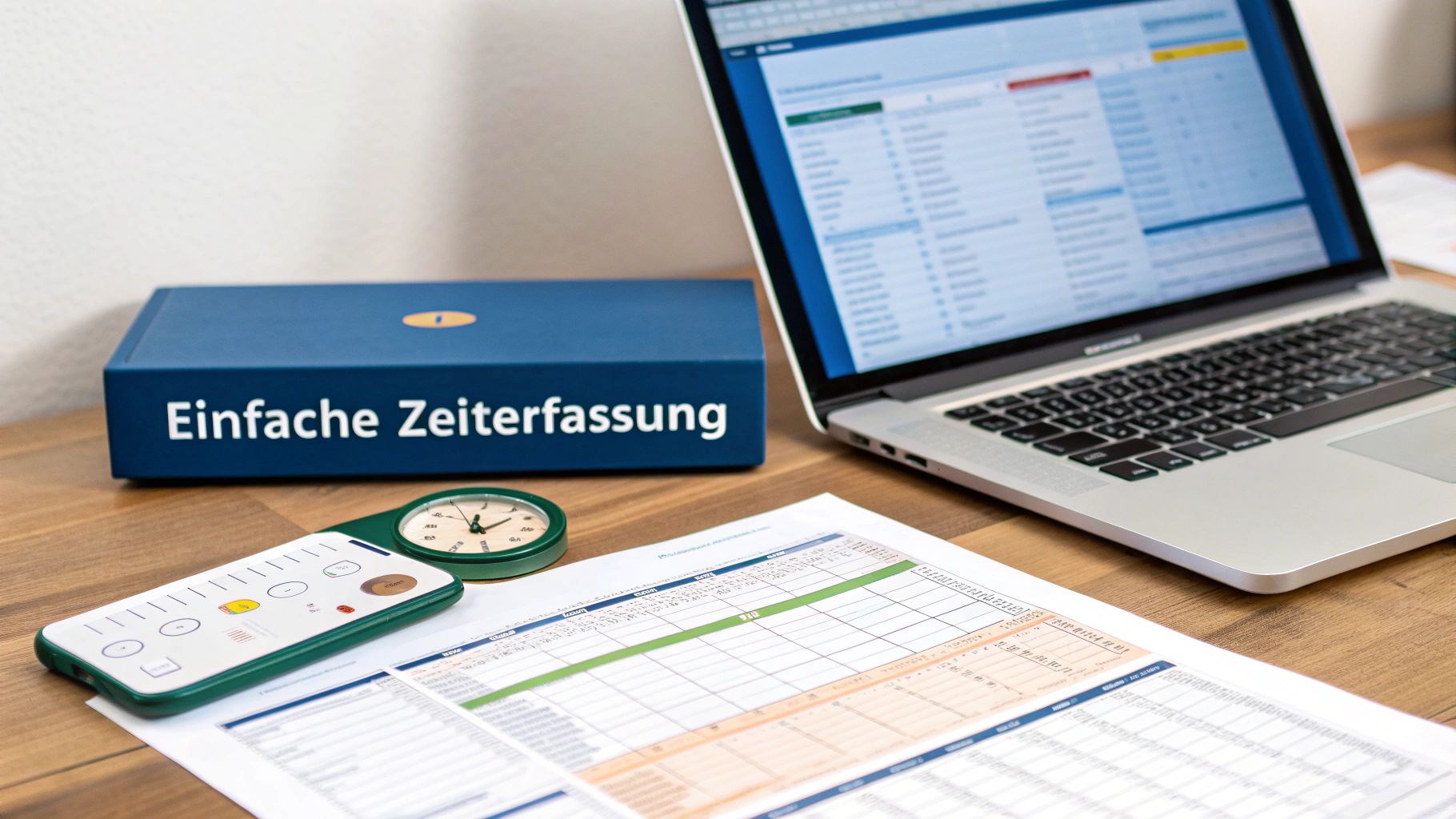 Ein Schreibtisch mit Laptop, Smartphone, einem Timer und einer blauen Box mit der Aufschrift 'Einfache Zeiterfassung'.