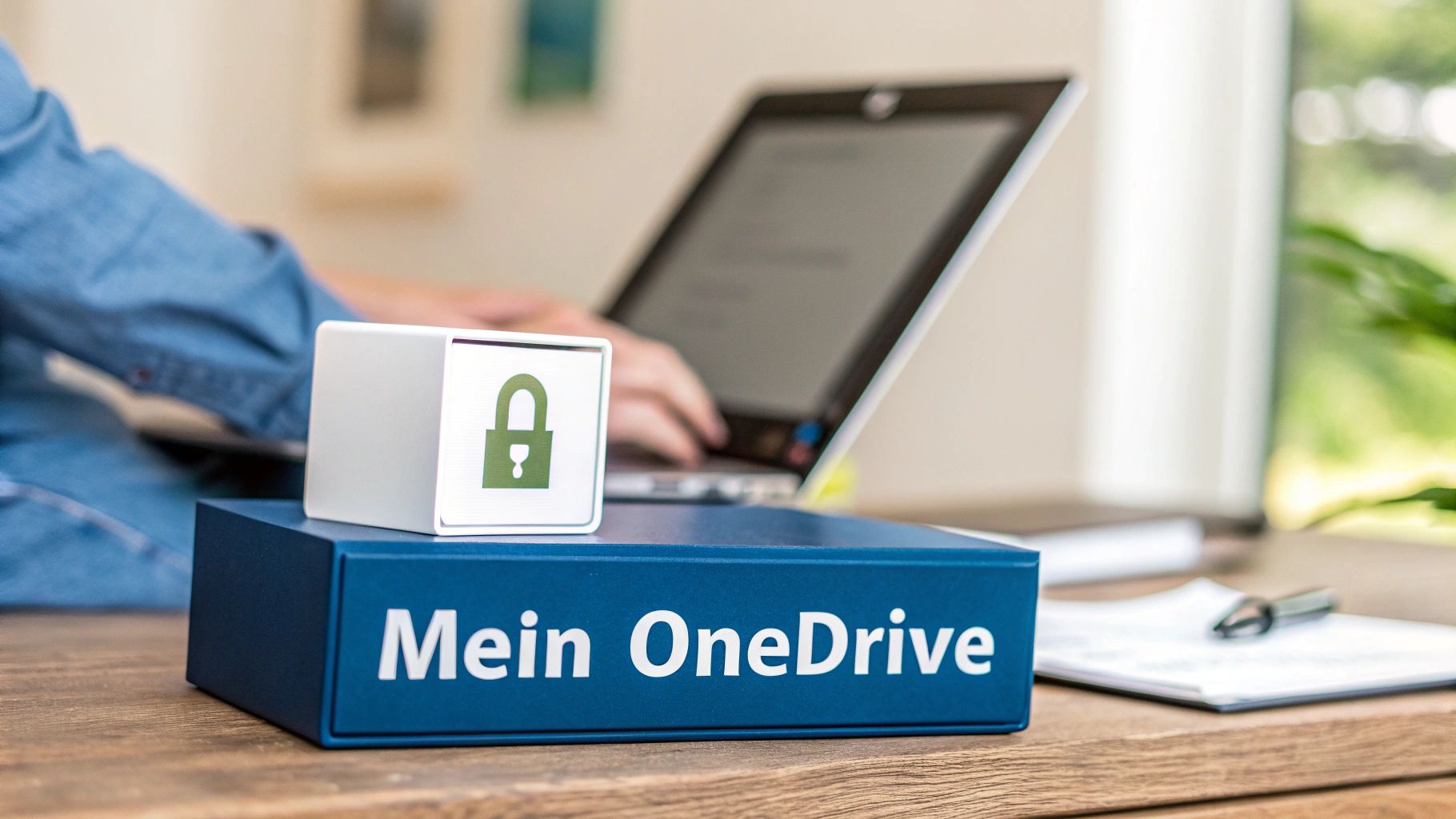 Nahaufnahme einer blauen Box mit der Aufschrift 'Mein OneDrive' und einem Sicherheitsschloss, Person arbeitet im Hintergrund.