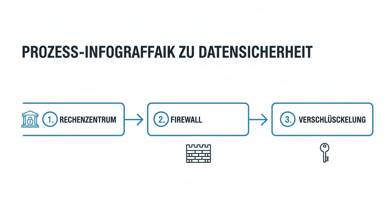 Prozess-Infografik zur Datensicherheit mit den Schritten Rechenzentrum, Firewall und Verschlüsselung.