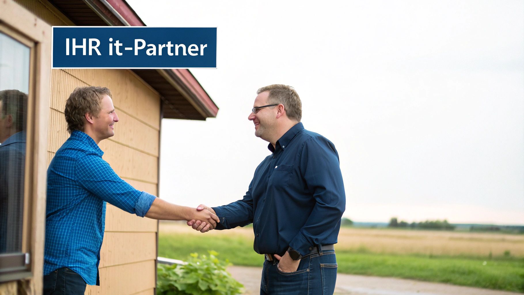 Lachende Männer, IHR it-Partner, schütteln Hände vor einem Holzhaus und Feldhintergrund.