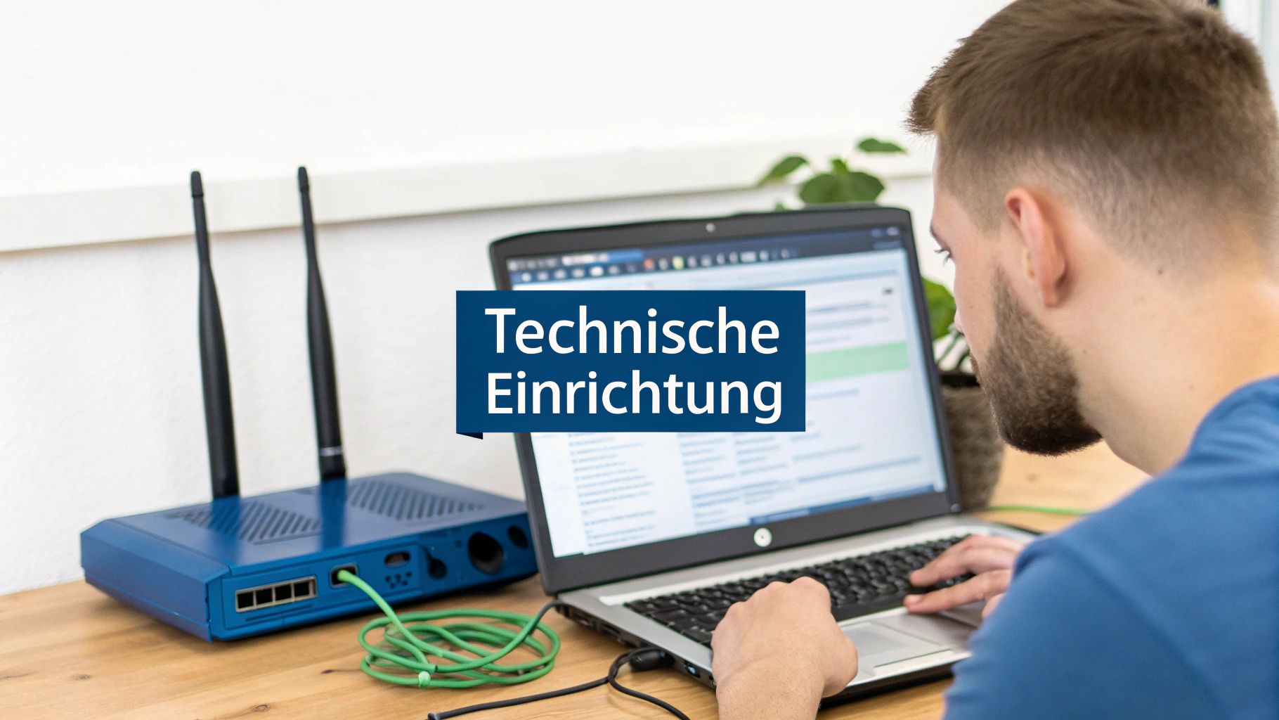 Mann konfiguriert einen blauen Router mit einem Laptop, während der Text "Technische Einrichtung" eingeblendet ist.