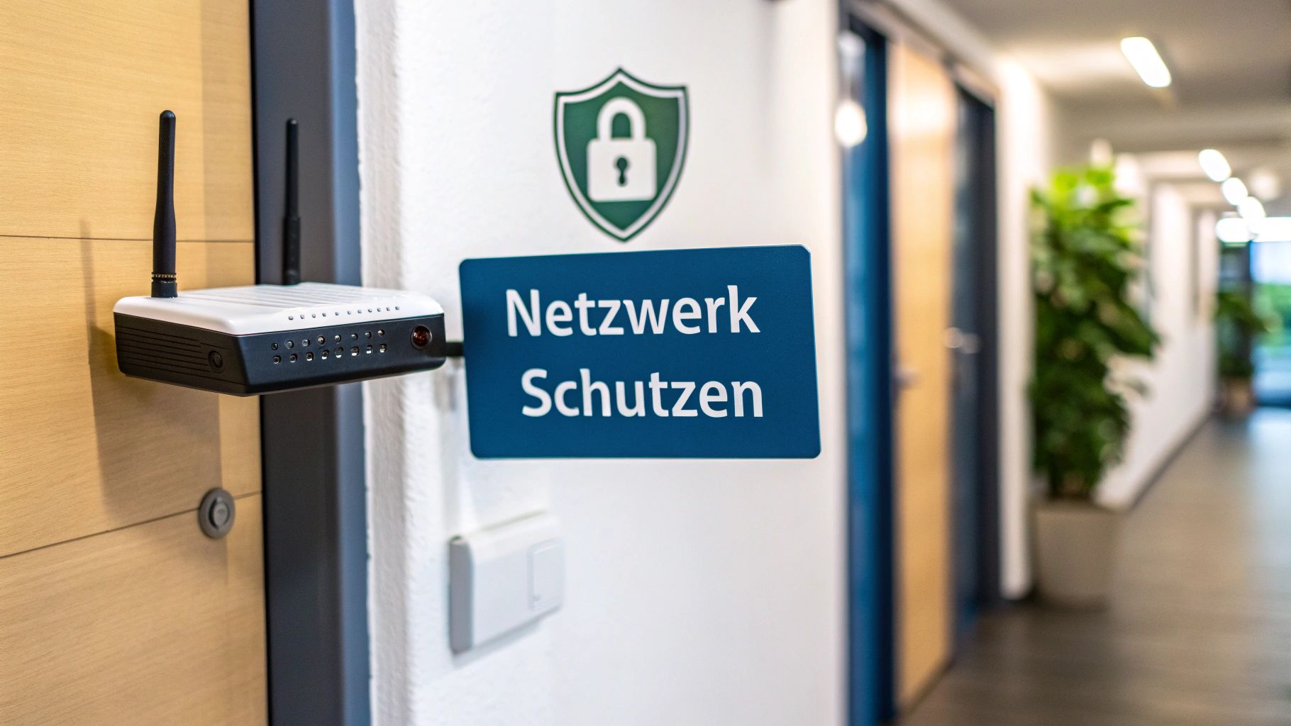 Ein WLAN-Router ist an einer Wand montiert, daneben ein blaues Schild mit 'Netzwerk Schützen' und ein Sicherheitssymbol.