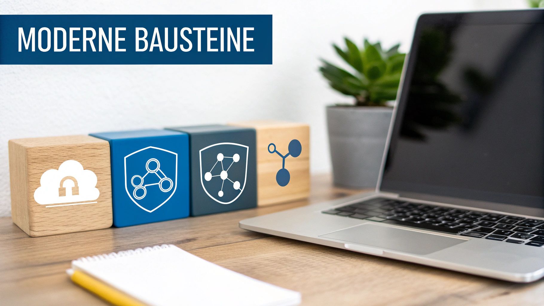 Schreibtisch mit Laptop, Notizbuch, Pflanze und Holzklötzen, die Cloud-Sicherheit und Netzwerkverbindungen symbolisieren, mit dem Titel "MODERNE BAUSTEINE".